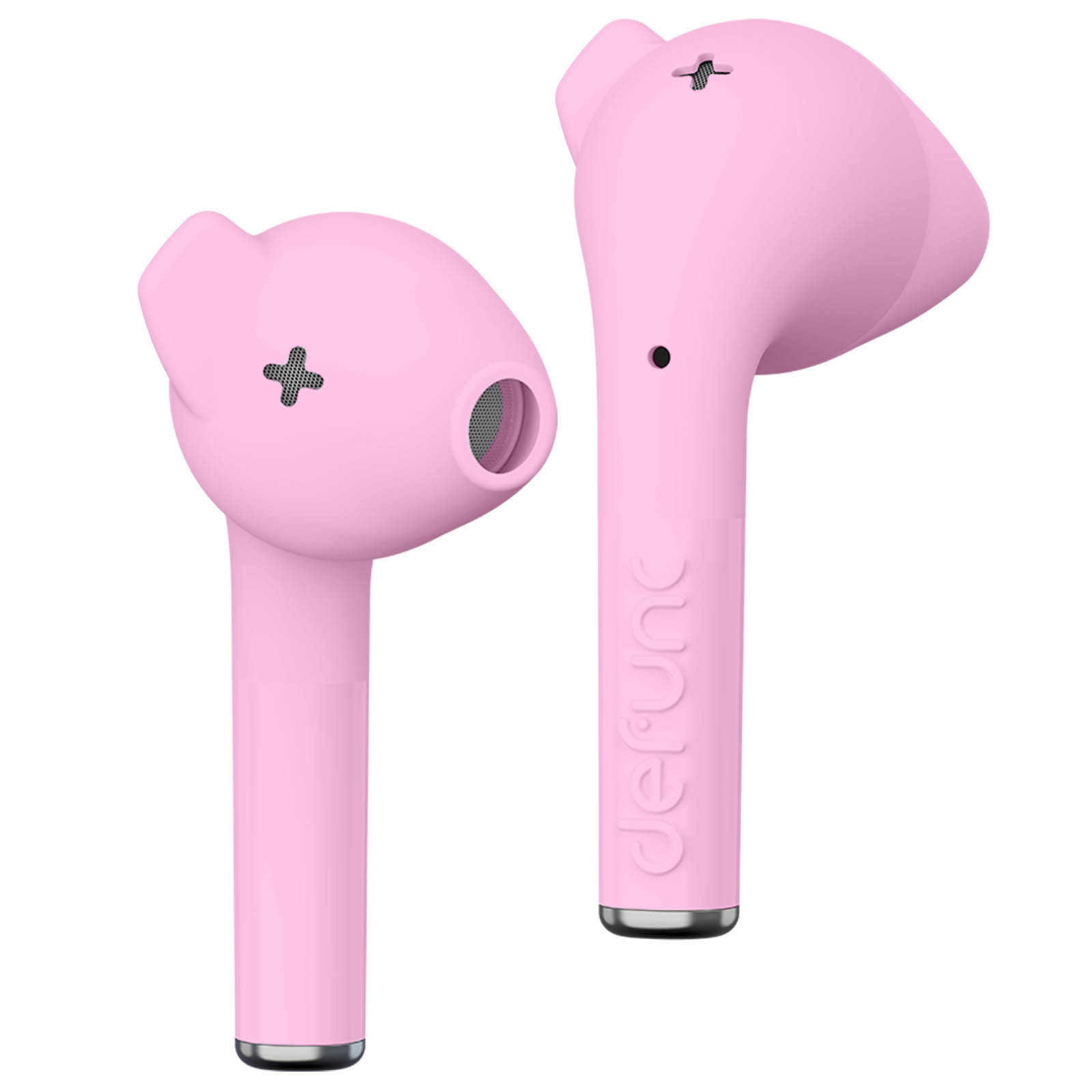 Due auricolari rosa. Sfondo bianco.