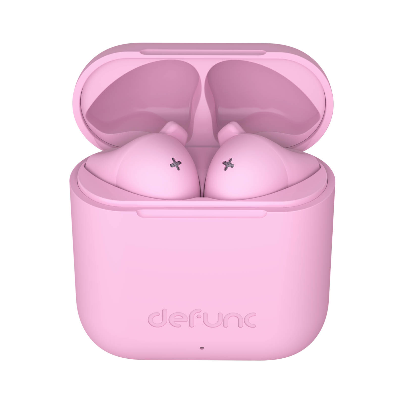 Auricolari rosa in una custodia di ricarica rosa. Il logo Defunc è visibile.