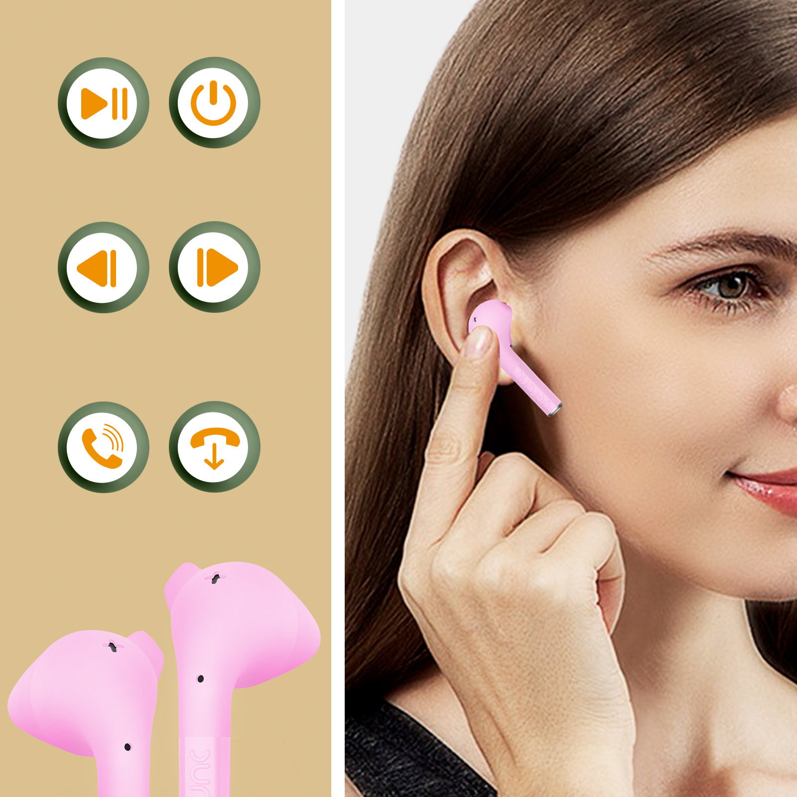 Donna con auricolari rosa. Icone di riproduzione, pausa, accensione, indietro, avanti, chiamata e rifiuto.