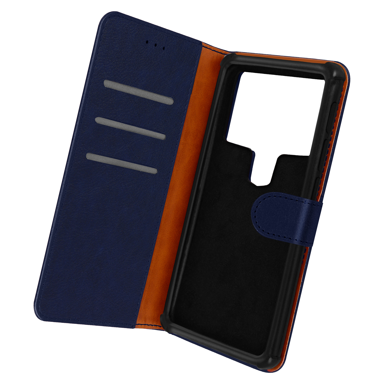 Custodia blu e arancione aperta con fessure per carte.