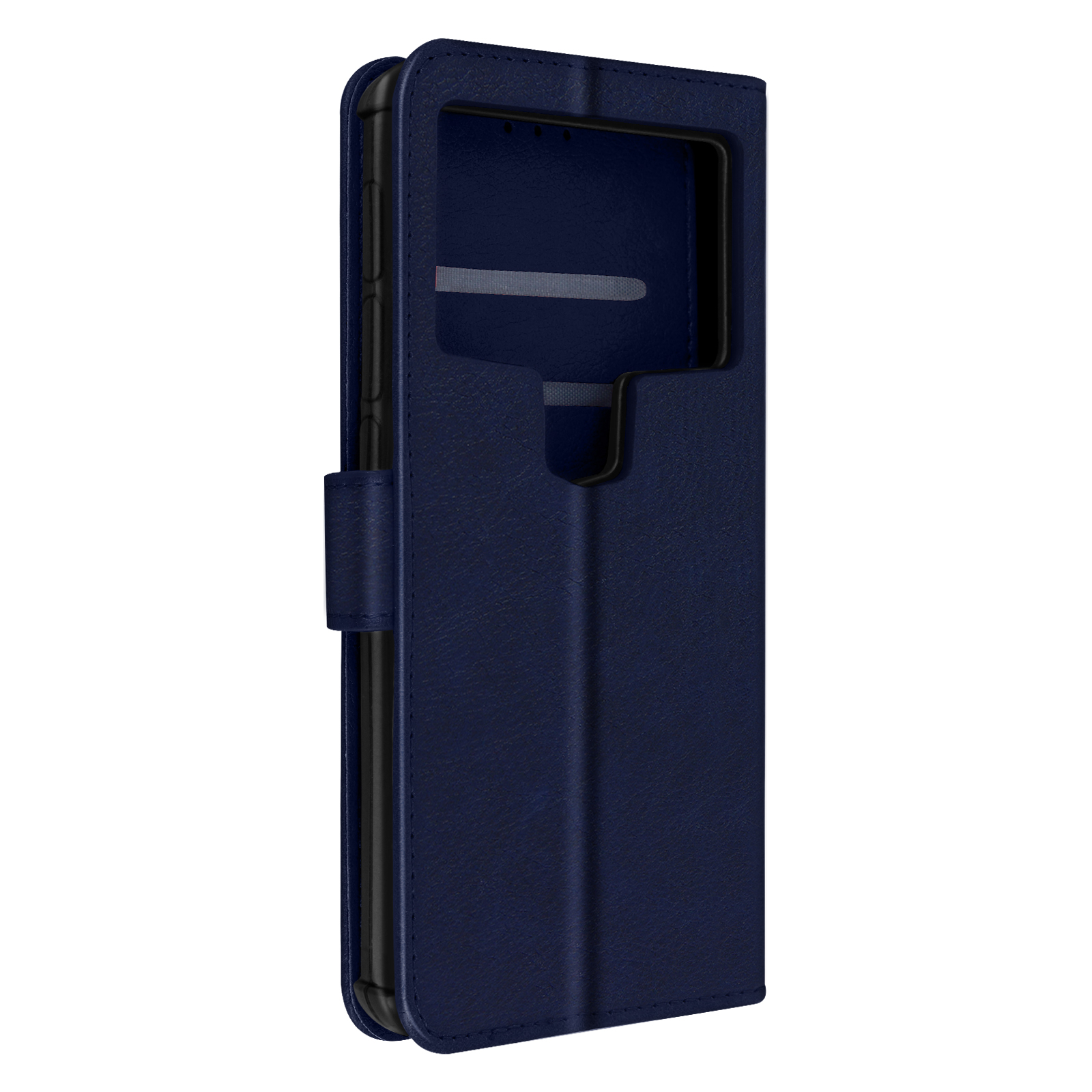 Custodia blu scuro per telefono con design a portafoglio. Ha una cover con un ritaglio per la fotocamera.