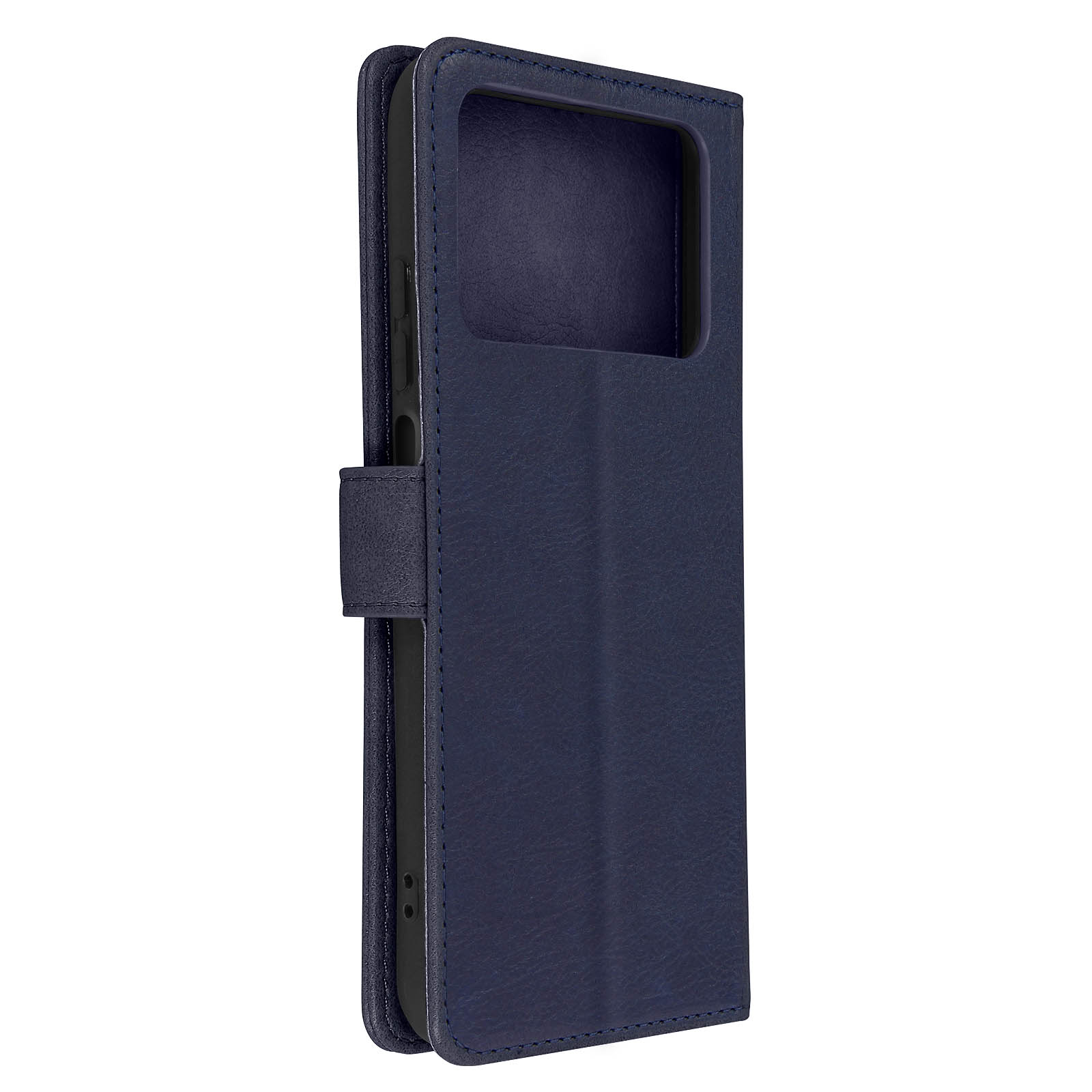 Custodia blu, aperta. Che mostra il telefono. Colore blu scuro.