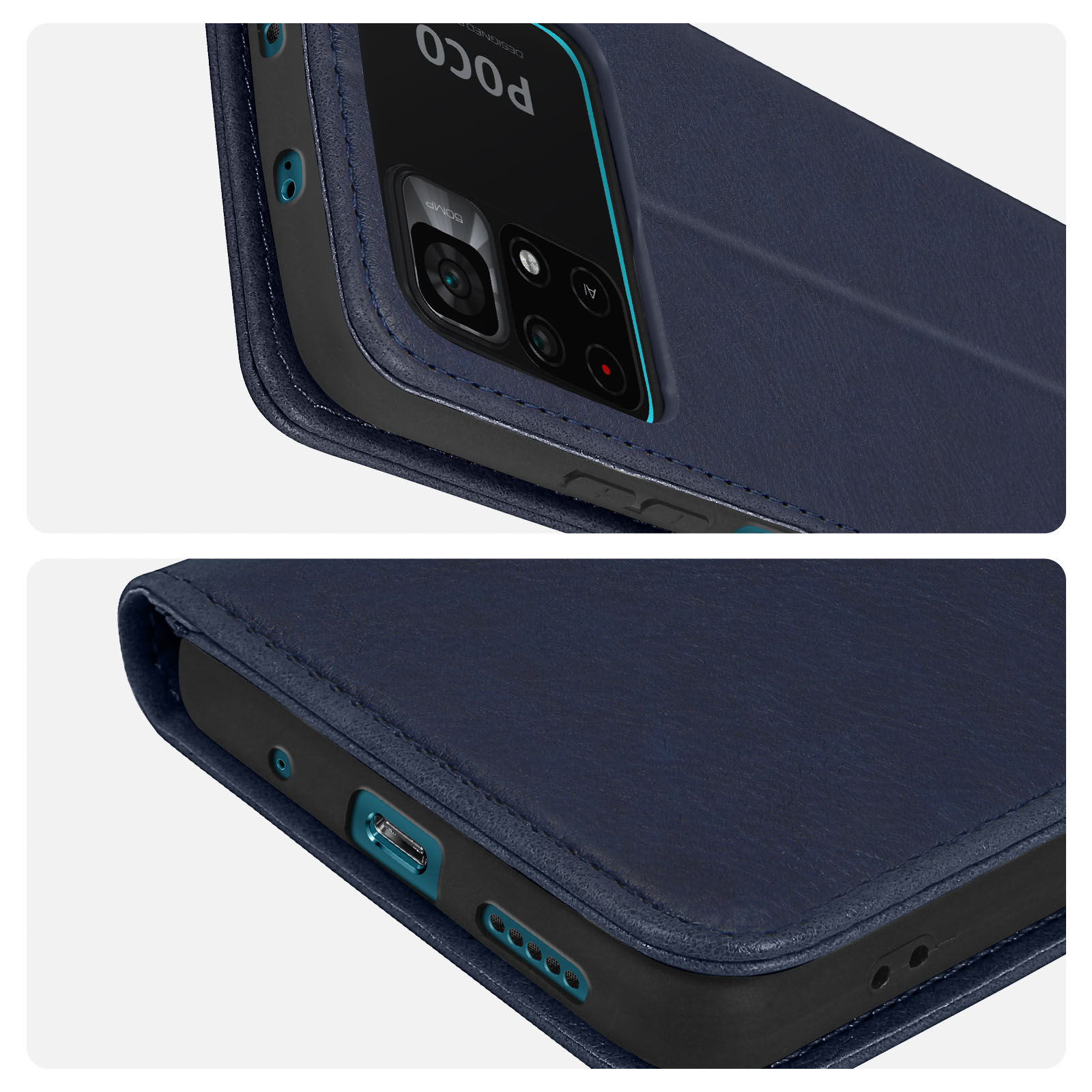 Primo piano di una custodia blu per telefono aperta. Il telefono è all'interno e la custodia è in pelle.
