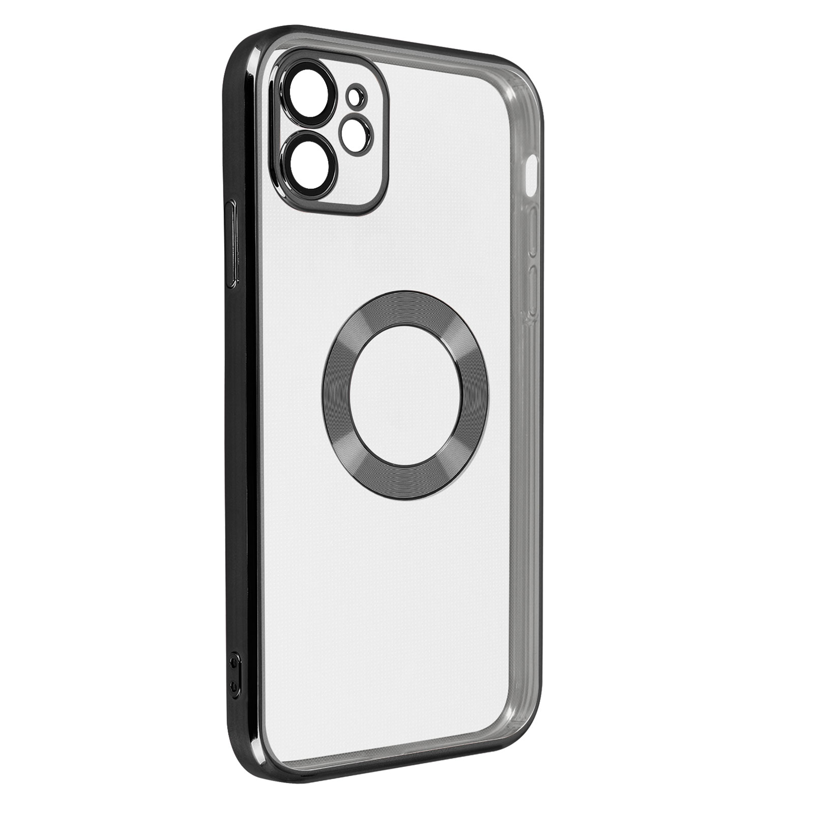 Una custodia trasparente per telefono con un anello argentato al centro. La custodia ha bordi neri e una cornice nera per la fotocamera.