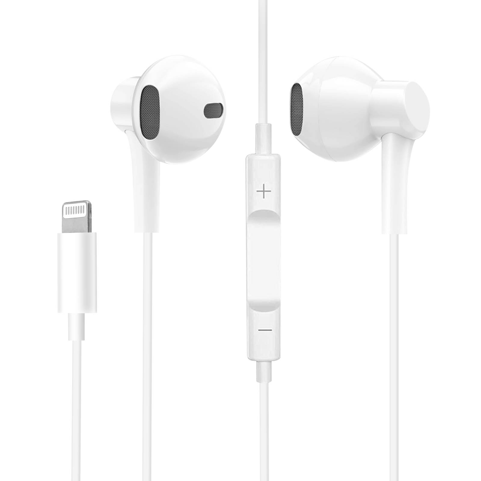 Auricolari bianchi con connettore Lightning e un modulo di controllo. Gli auricolari sono su sfondo bianco.