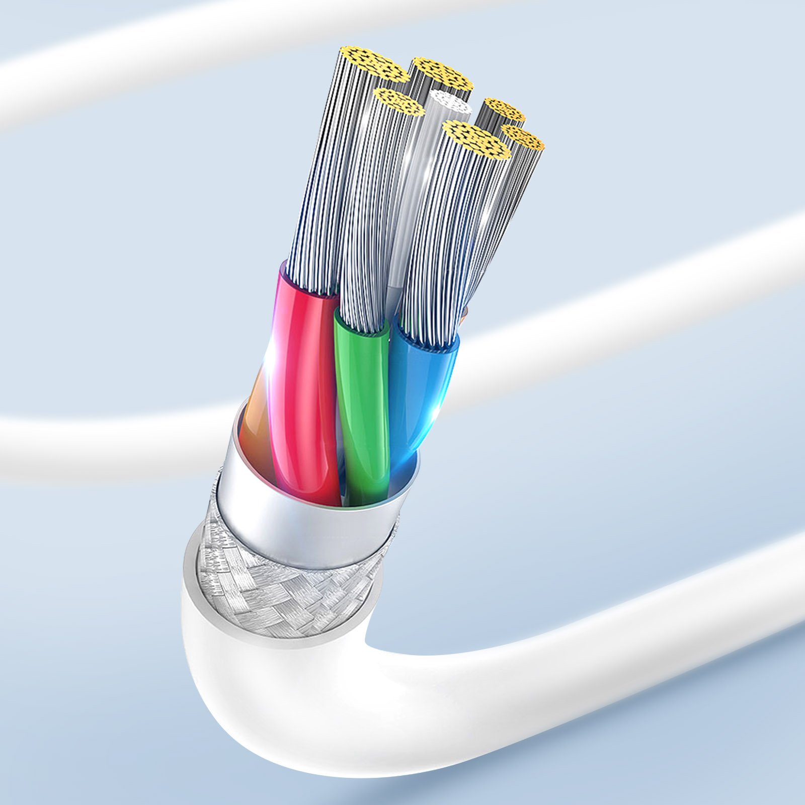 Cavo tagliato con fili colorati all'interno. Il cavo ha un rivestimento in plastica bianca.