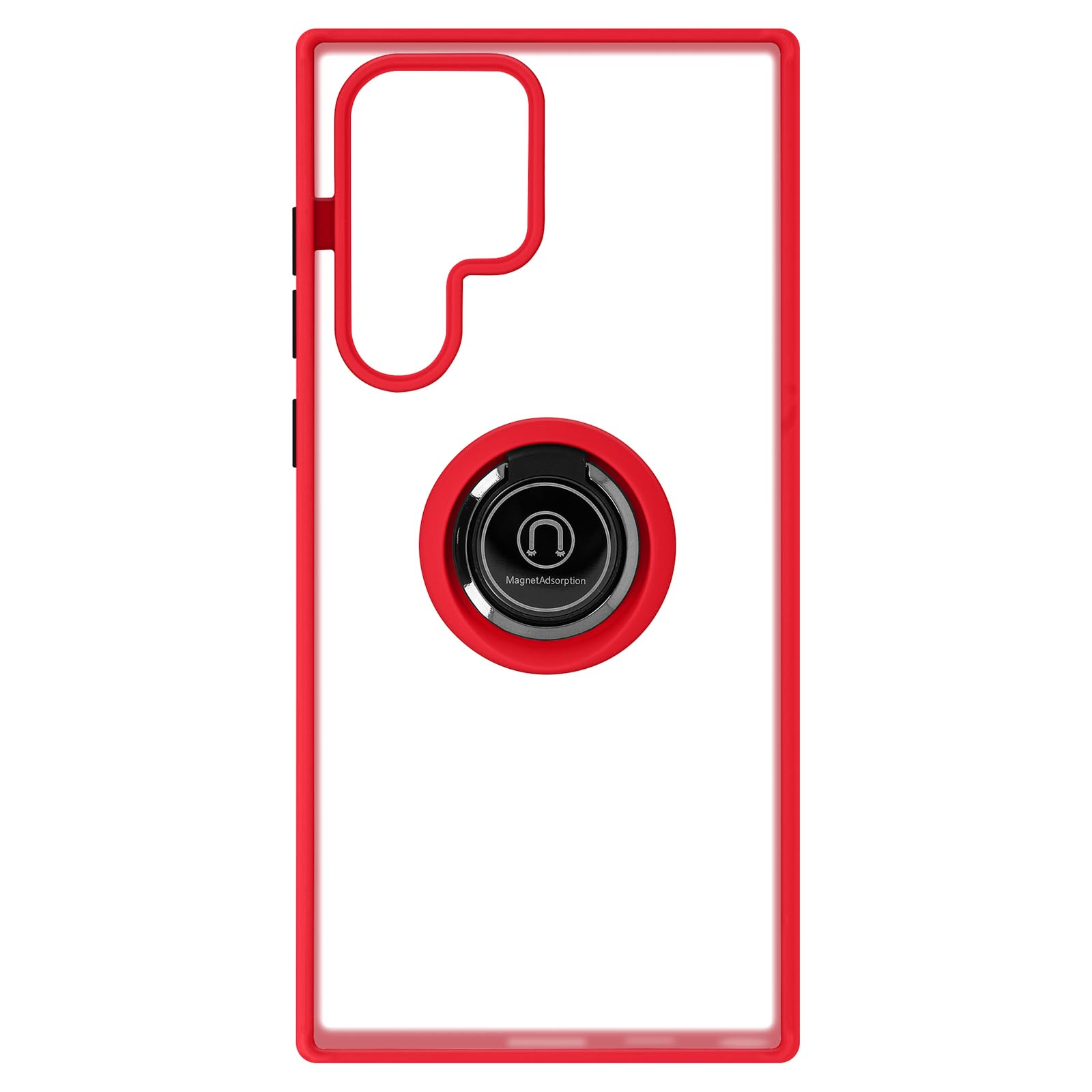 Coque de téléphone rouge avec dos transparent et anneau de maintien. L'anneau est noir avec un accent argenté.