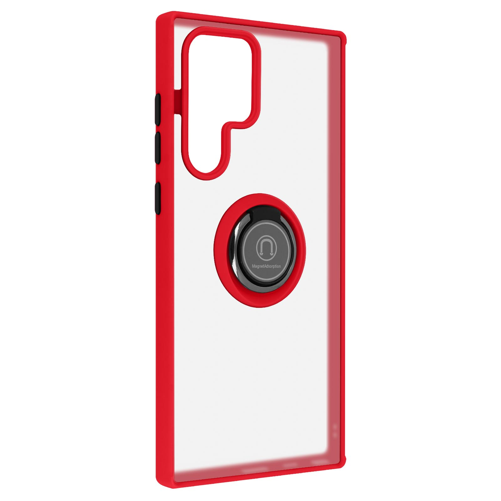 Coque de téléphone rouge avec dos transparent et support d'anneau.