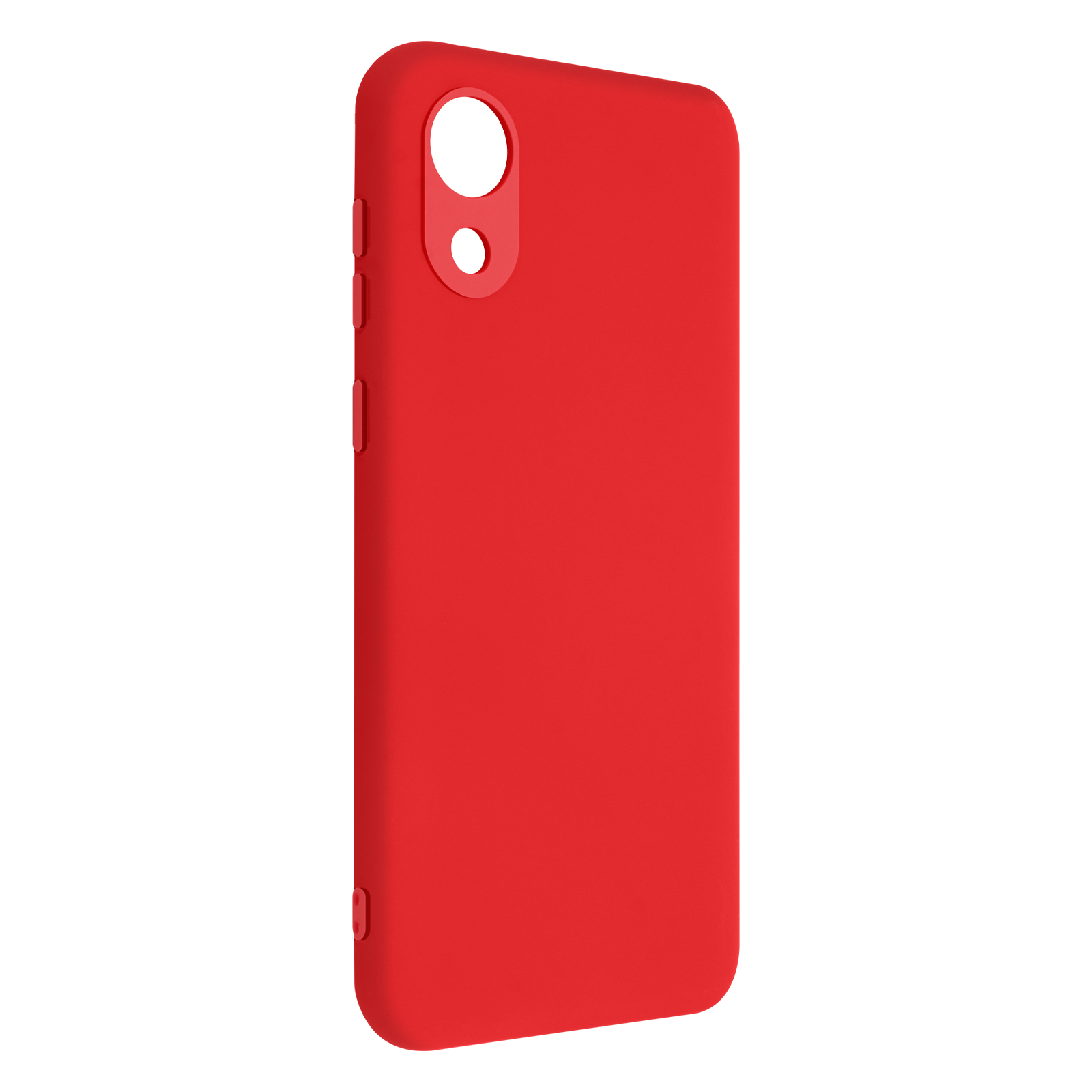 Coque de téléphone rouge. Elle est de couleur unie avec un seul trou pour l'appareil photo et des bords arrondis.
