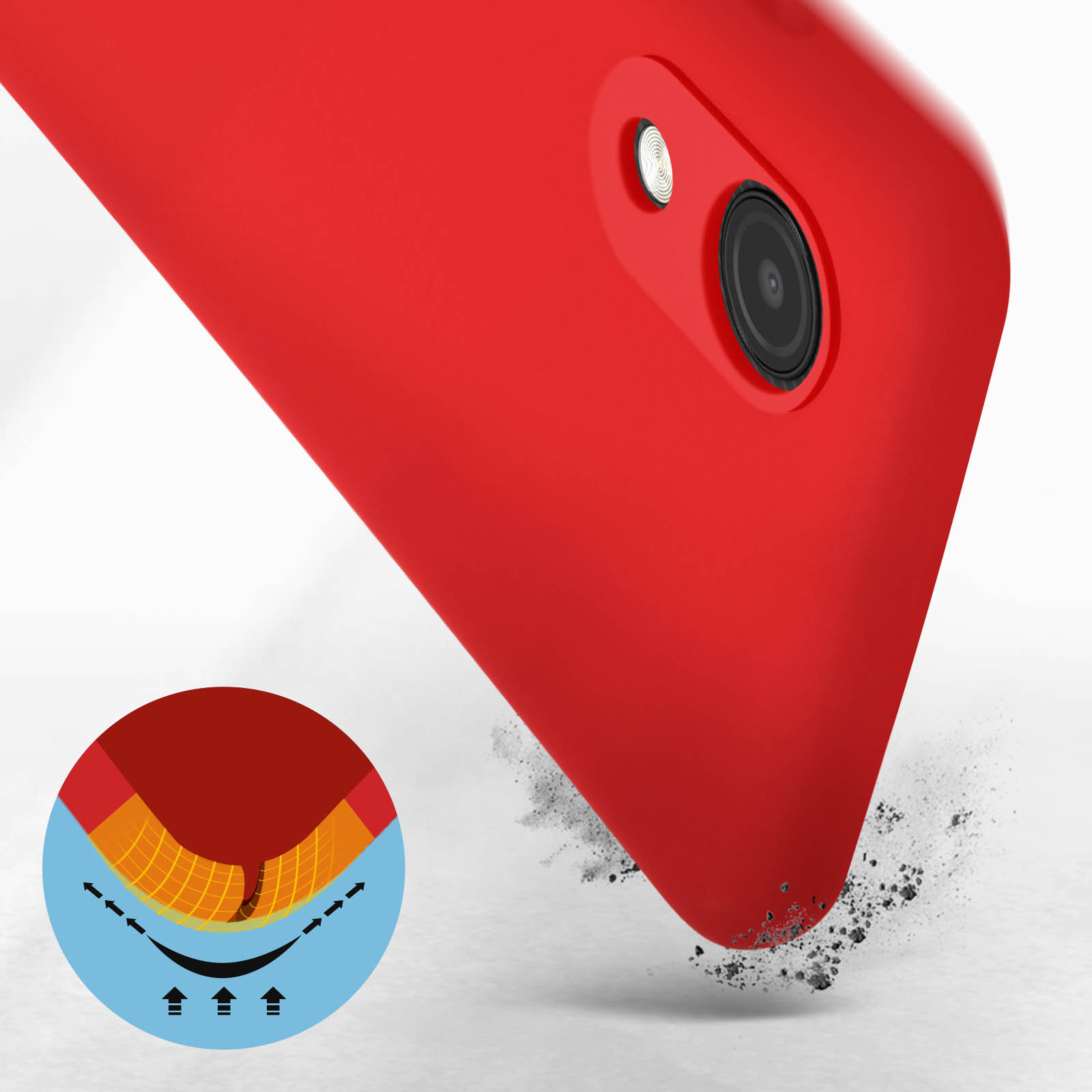 Coque de téléphone rouge avec appareil photo. La coque laisse tomber une matière semblable à du sable. Le fond est du sable.