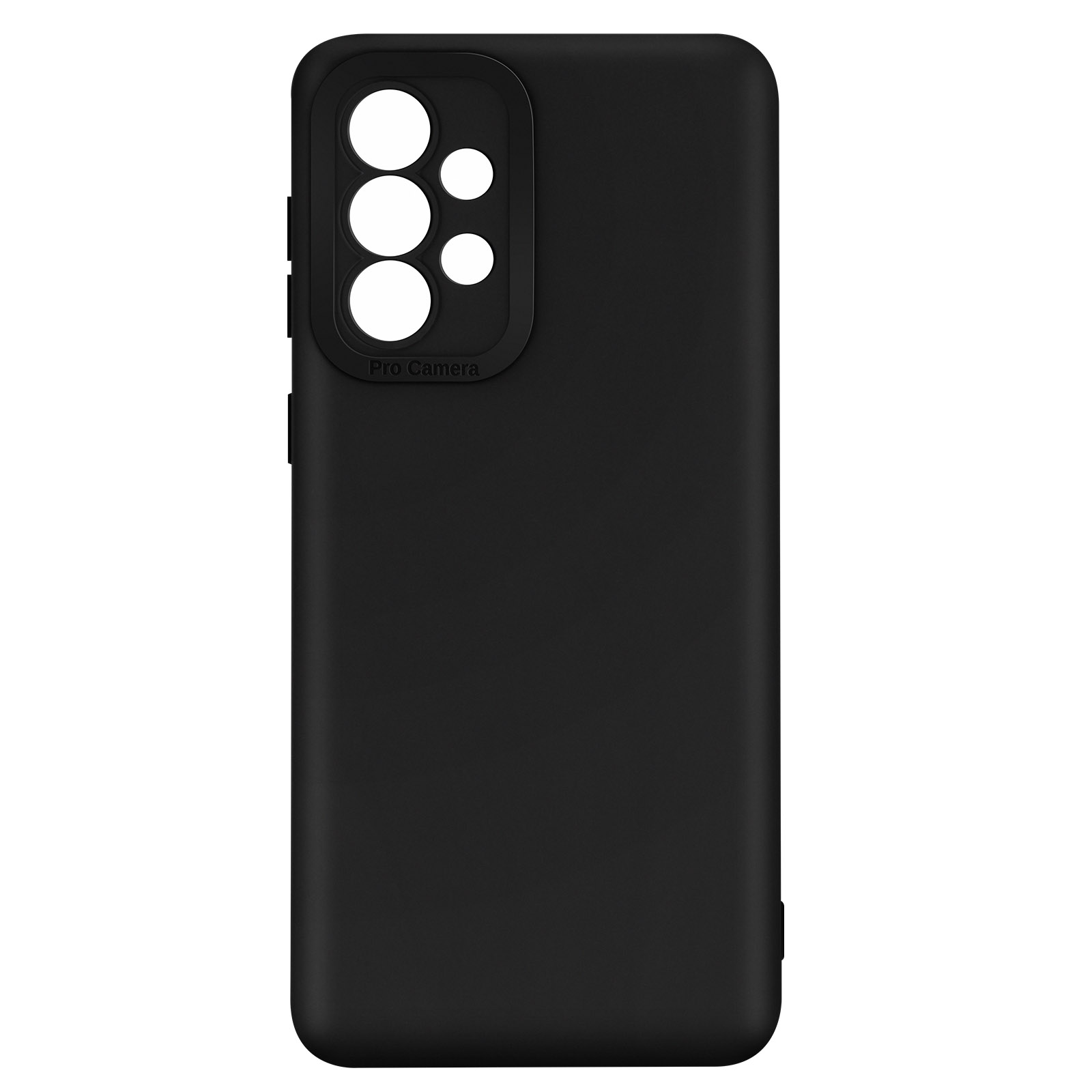 Zwarte telefoonhoes met camera-uitsparingen, op witte achtergrond, achteraanzicht.