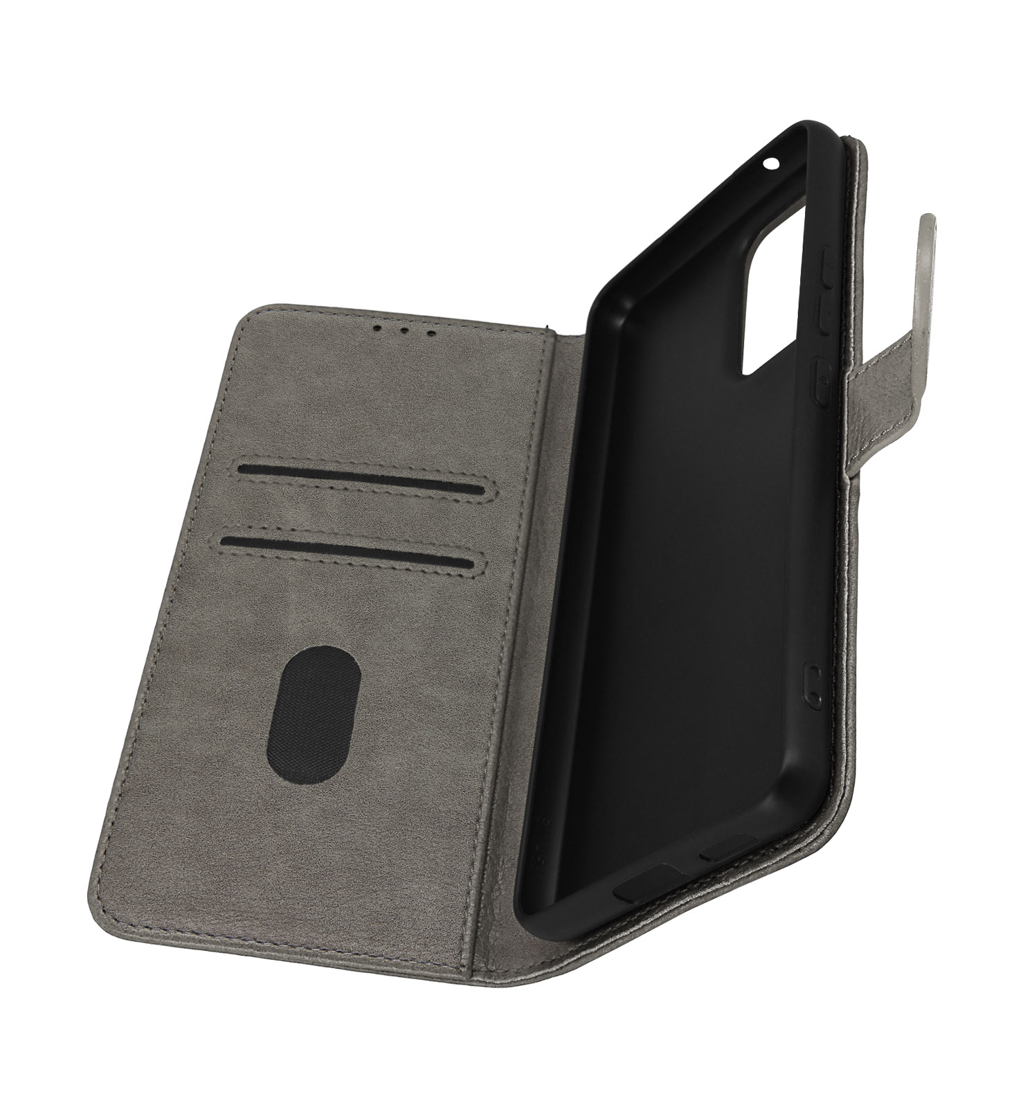 Grijze leren telefoonhoes, open. Het heeft een kaartsleuf en een zwarte telefoon erin.