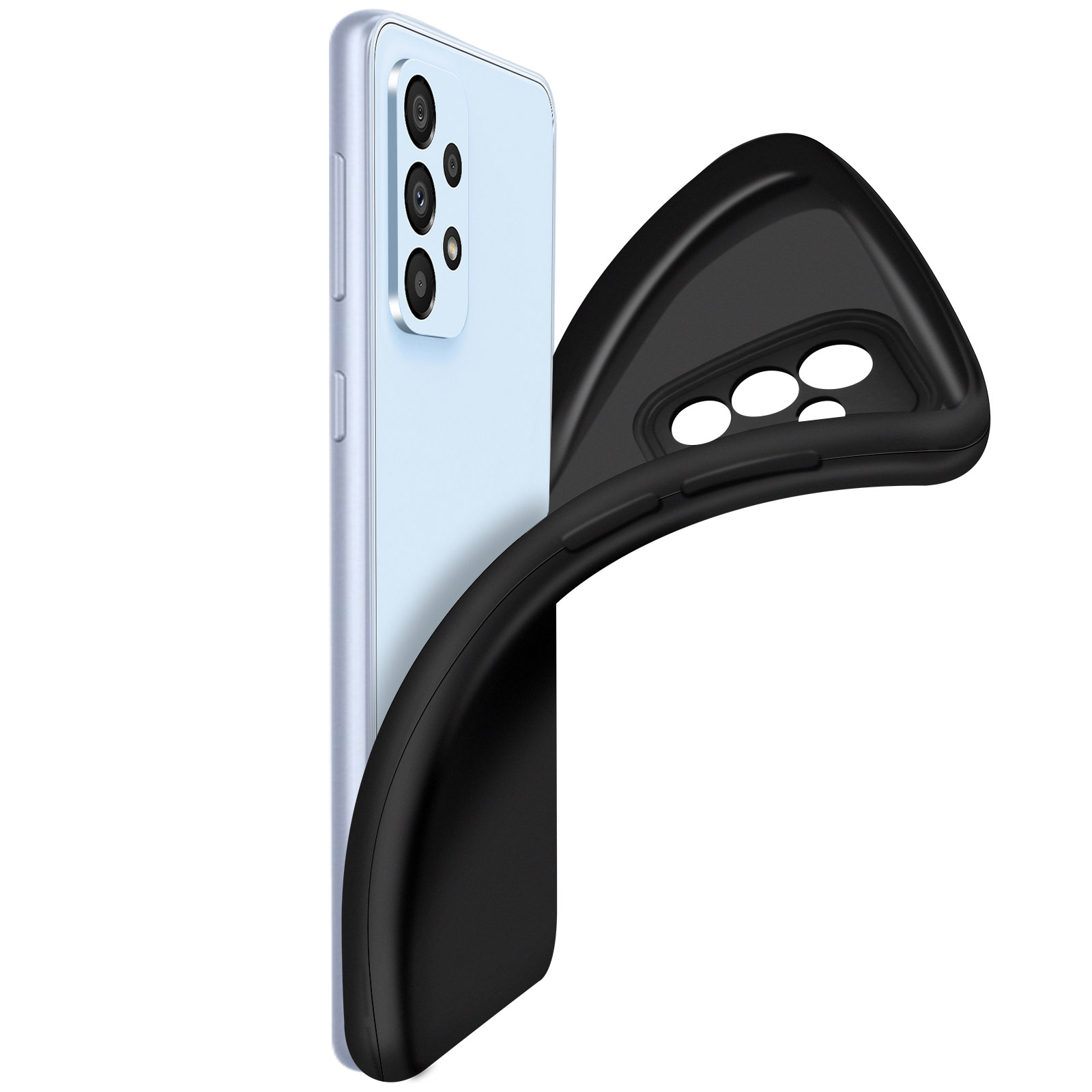 Lichtblauwe telefoon met een zwarte hoes die wordt afgehaald. Witte achtergrond, die de achterkant van de telefoon toont.
