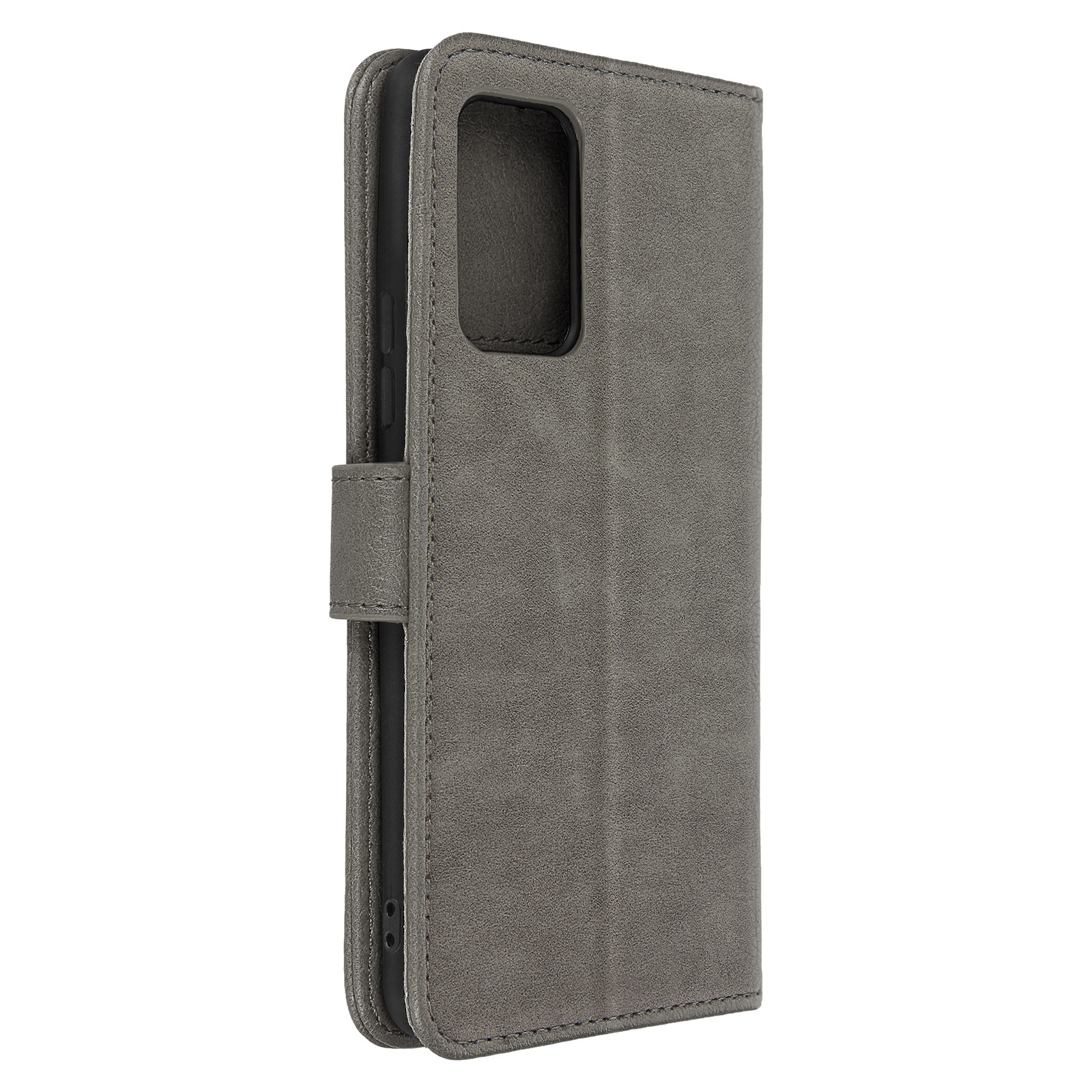 Coque de téléphone grise avec fermoir fermé. Elle est en matière texturée.