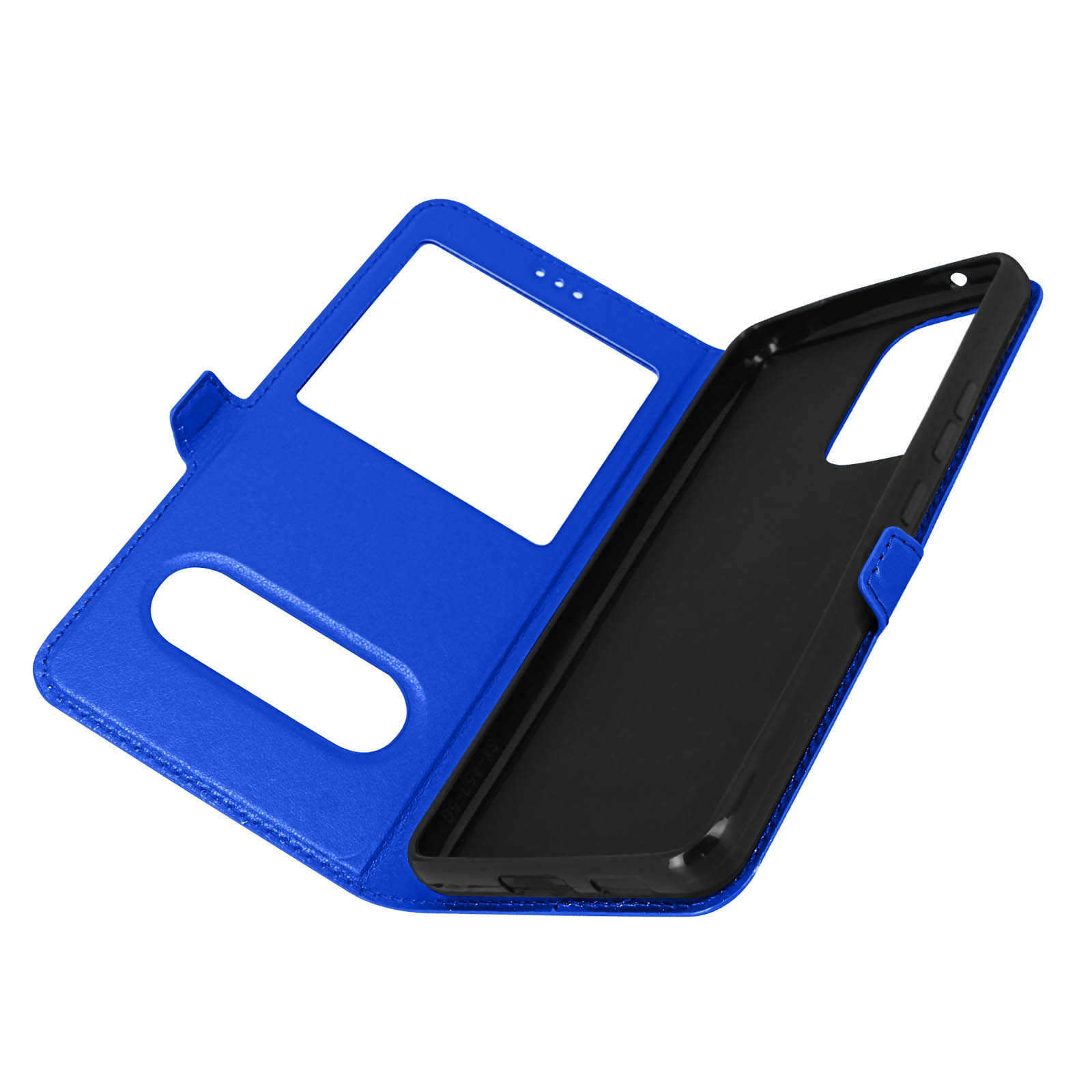 Blauwe telefoonhoes, open, met de telefoon en schermuitsparing.