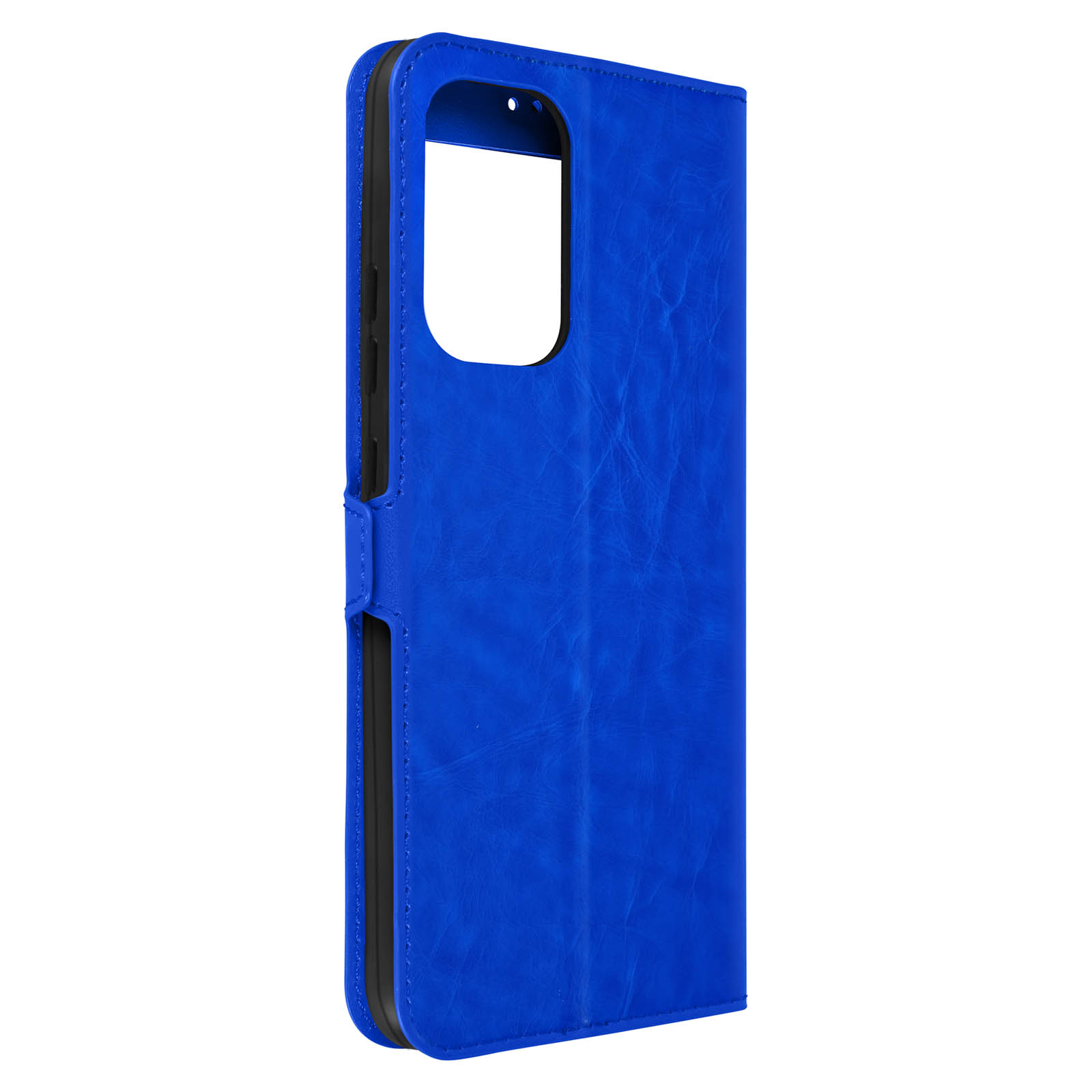 Un étui de téléphone en cuir bleu, ouvert. Le téléphone est dans l'étui. L'étui a une fermeture magnétique.