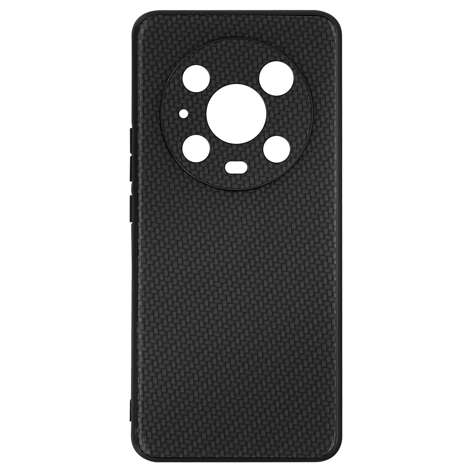 Custodia nera per telefono con retro testurizzato. La custodia ha un ritaglio rotondo per la fotocamera.