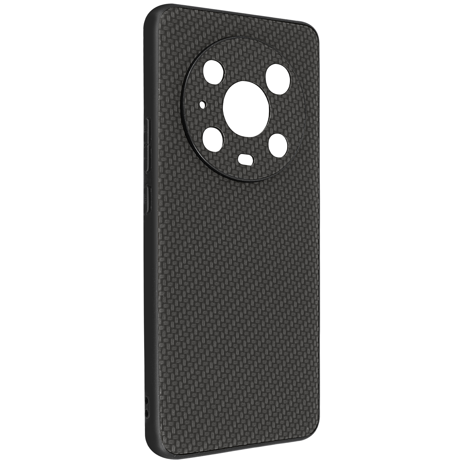Custodia per telefono in fibra di carbonio nera con ritaglio circolare per la fotocamera.