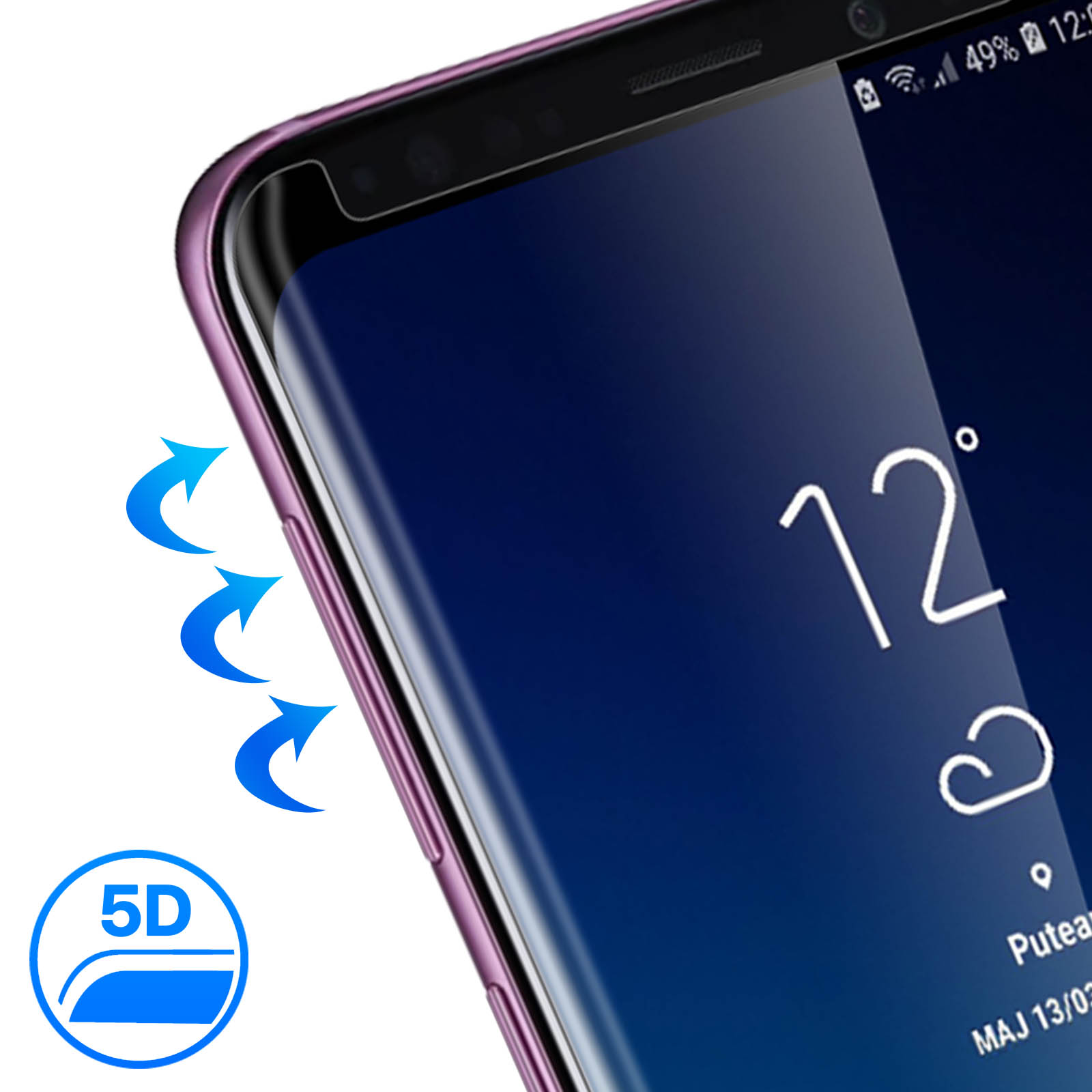 Schermo telefono mostra meteo, schermo curvo e frecce blu.