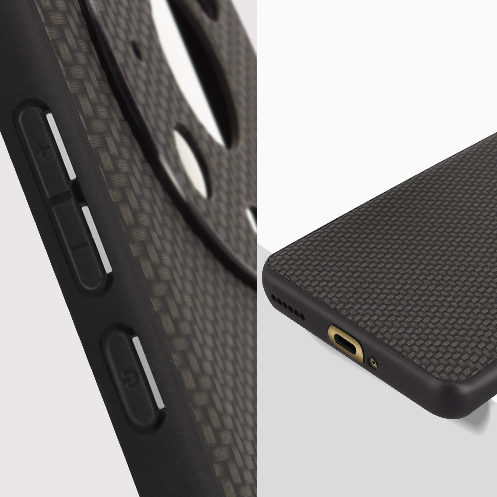 Primo piano di una custodia per telefono. Mostra i pulsanti e la texture della superficie. Stile fibra di carbonio.