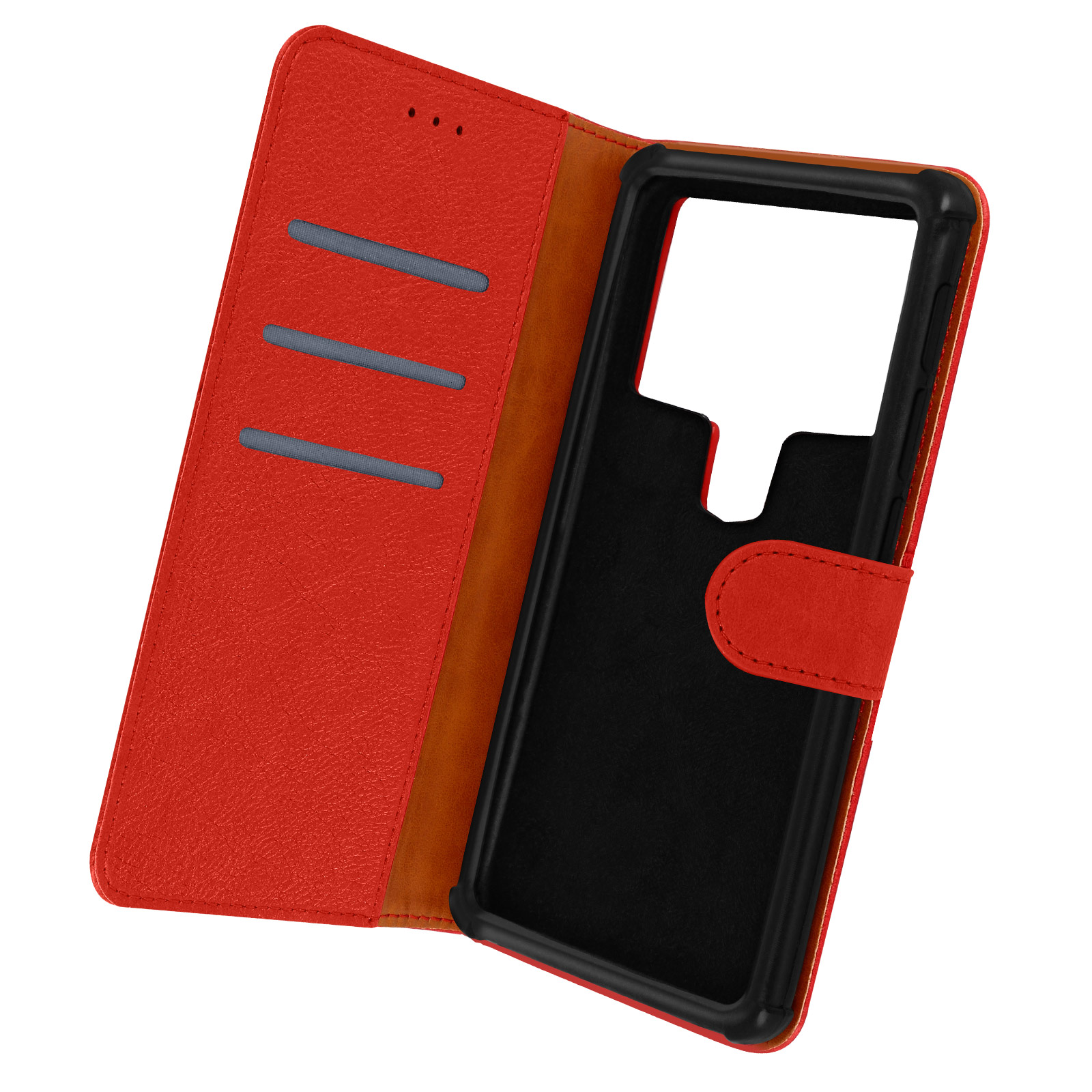 Una custodia rossa aperta, che rivela un telefono nero e fessure per carte.