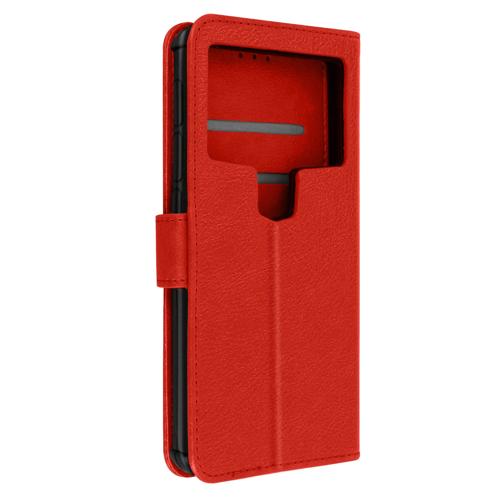 Una custodia rossa per telefono è in posizione verticale. È una custodia a libro con uno slot per schede.