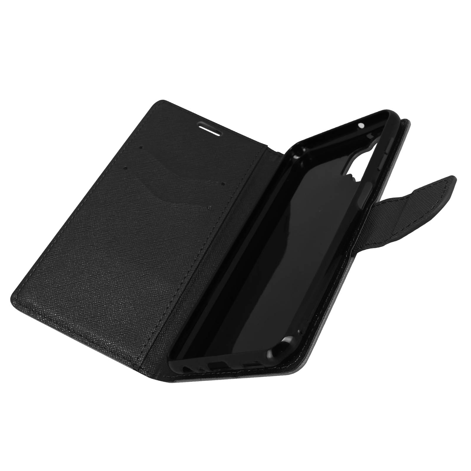 Funda negra para teléfono con diseño de libro abierto. Fondo blanco.