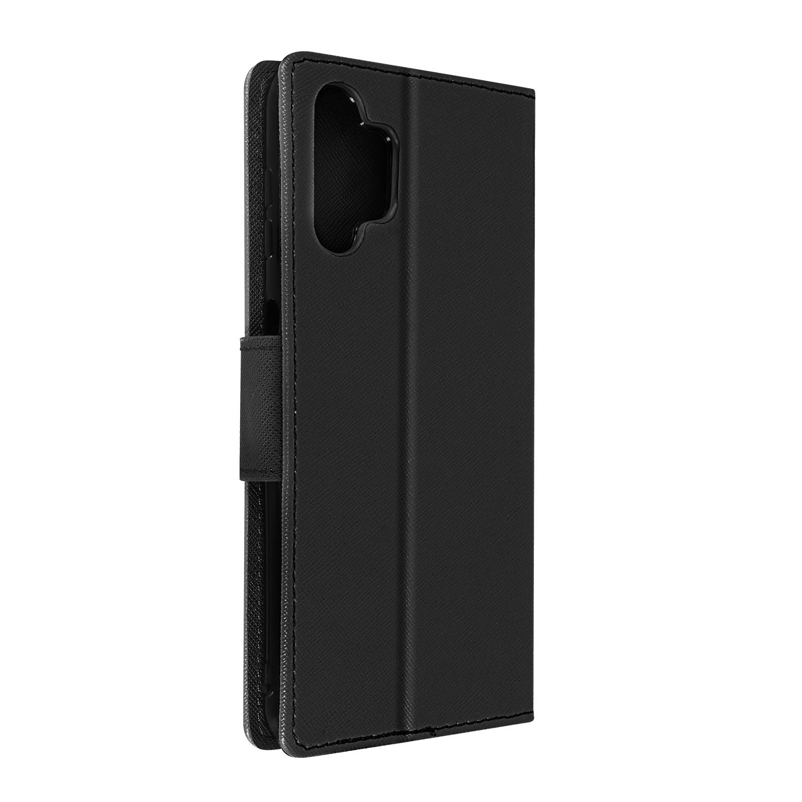 Funda de teléfono negra, cerrada, de cuero con correa magnética. Vista lateral de la funda.