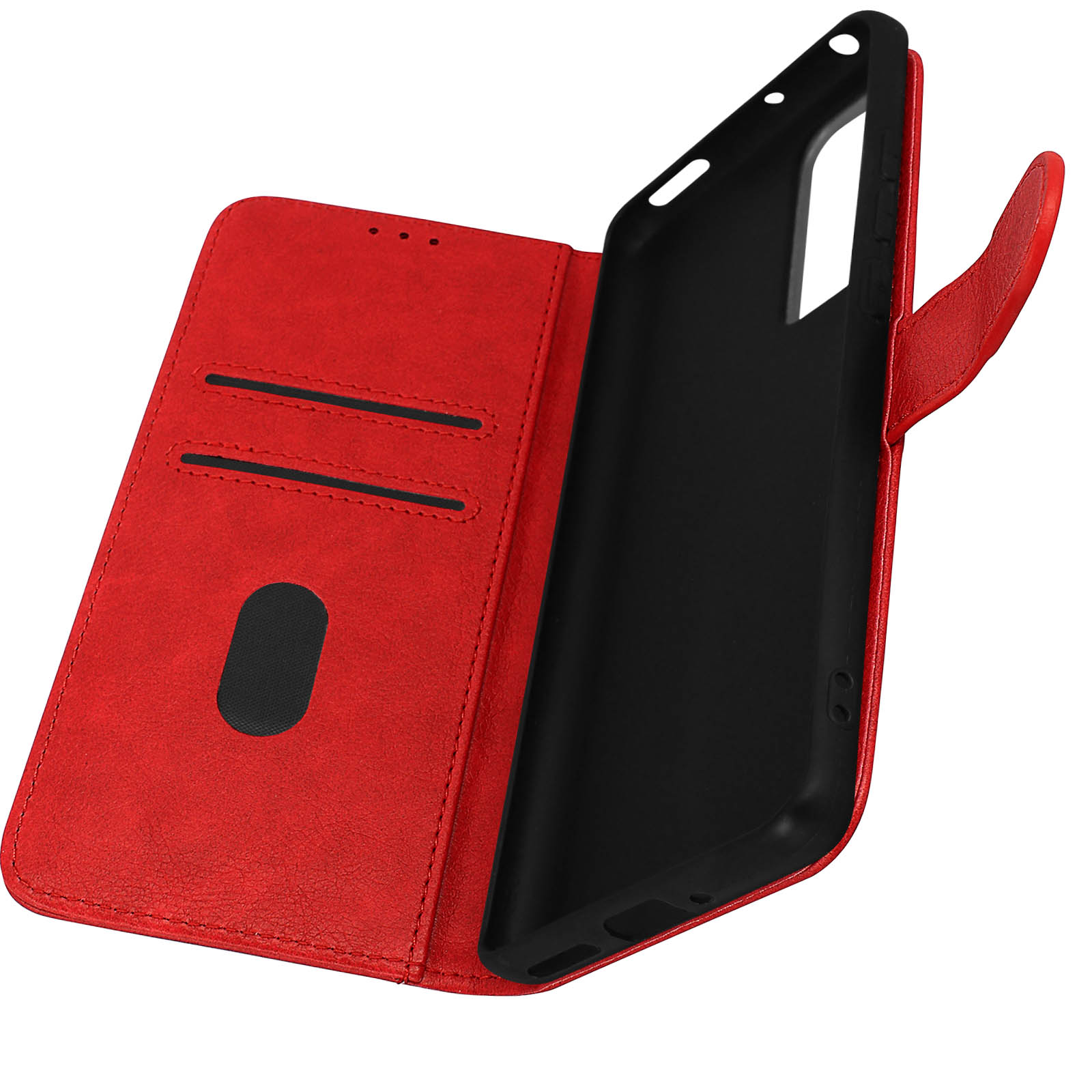 Custodia per telefono in pelle rossa, aperta. Supporto nero per telefono con fessure per carte.