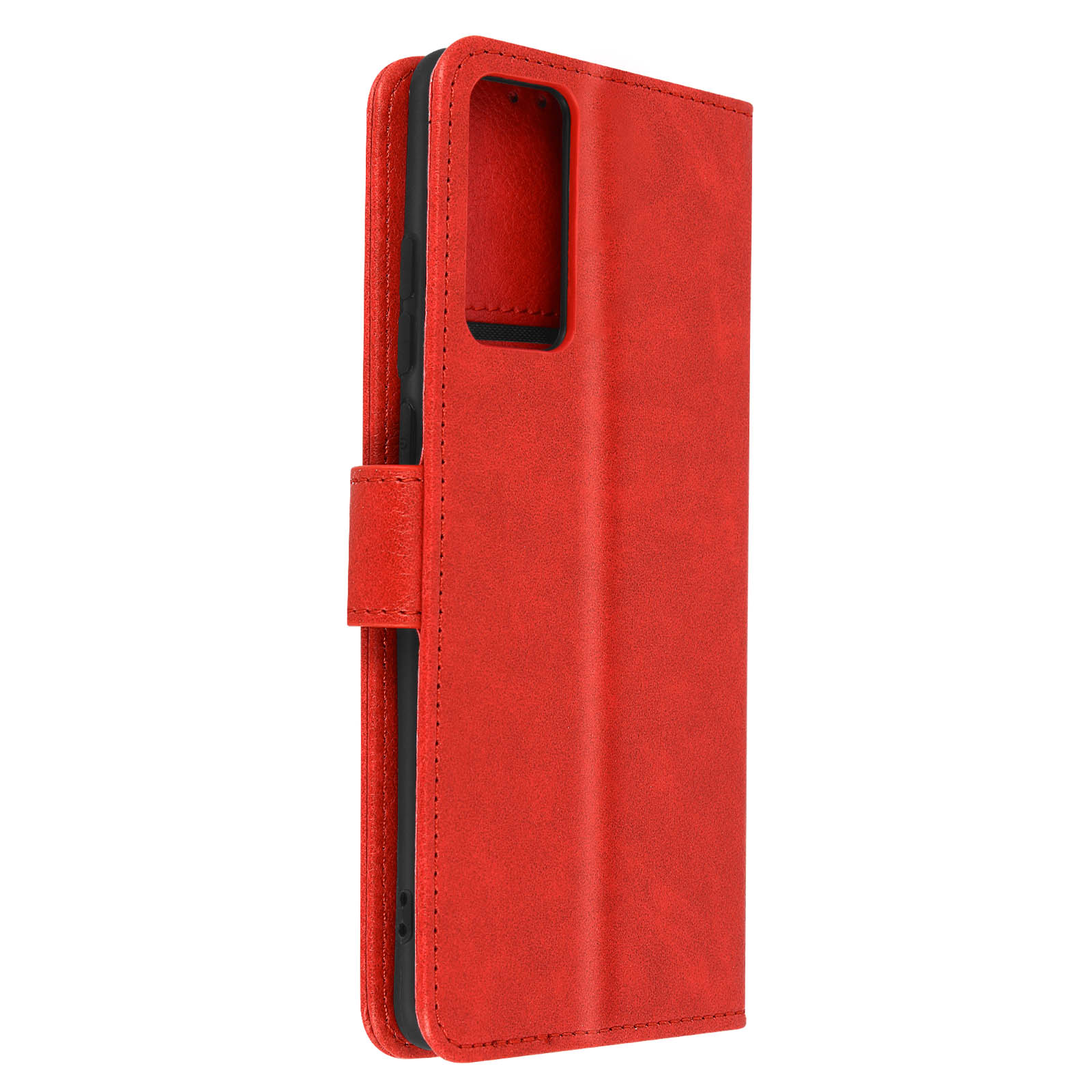 Custodia per telefono rossa a portafoglio. Aperta con telefono all'interno. Sfondo bianco.