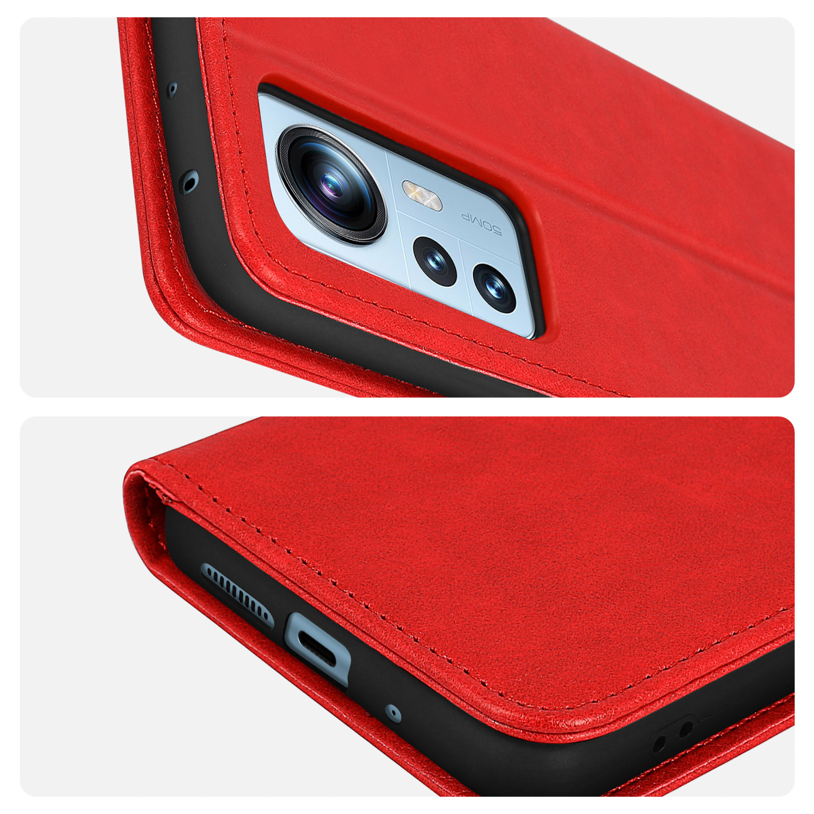 Custodia rossa per telefono, mostra fotocamera e porte. Lo sfondo è bianco.