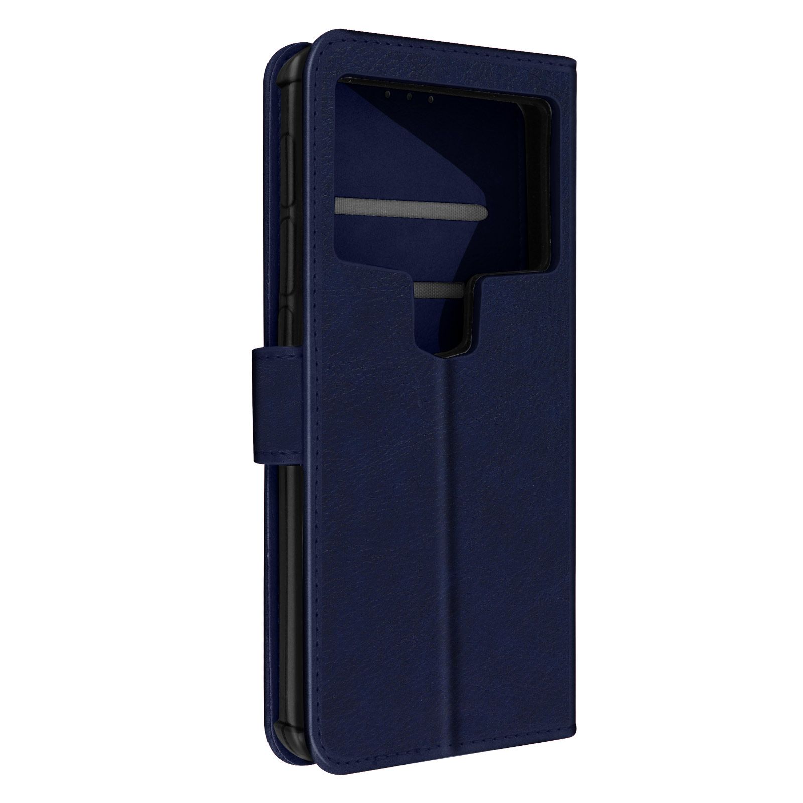 Custodia blu navy, aperta che mostra un telefono. Sfondo bianco.