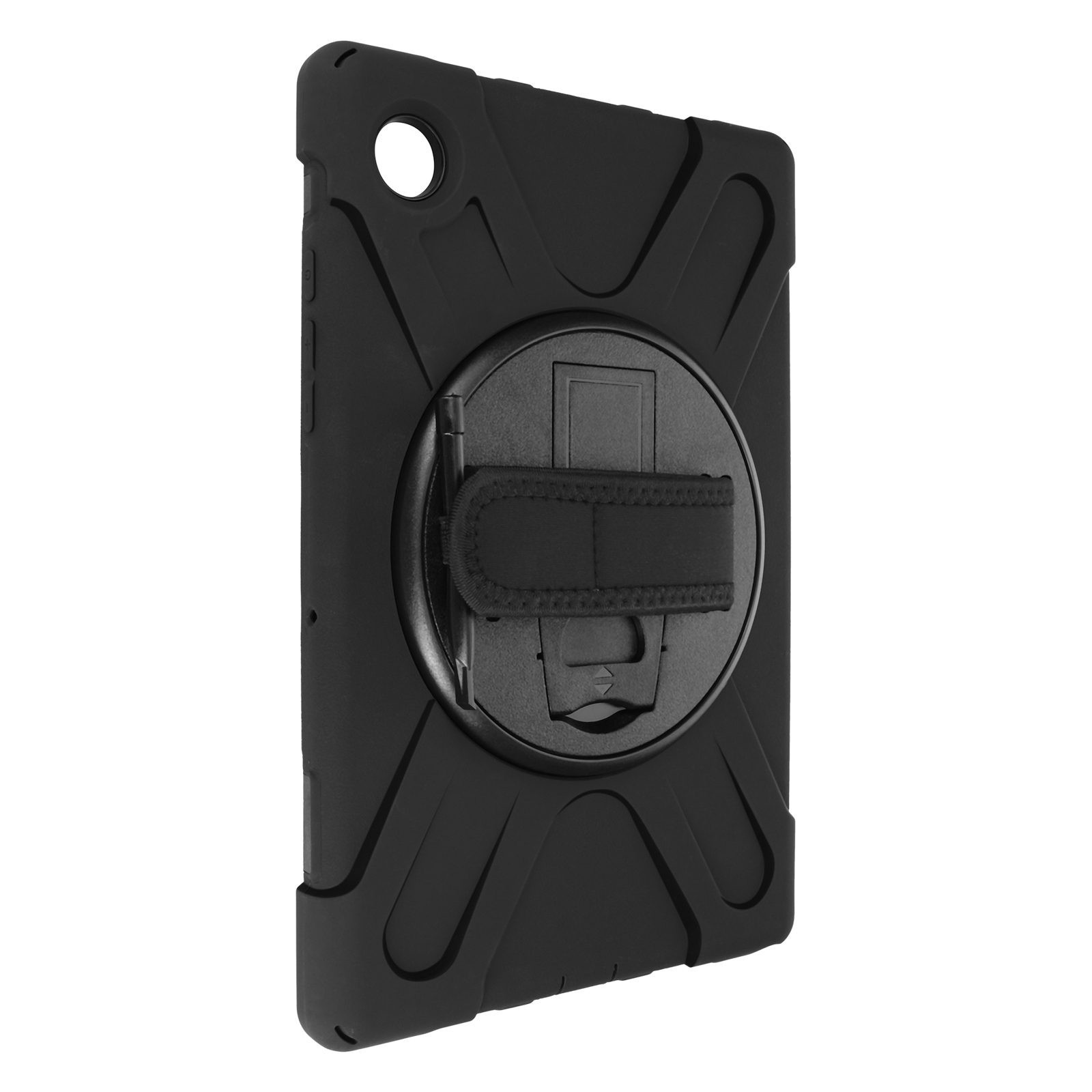 Schwarze Tablettasche mit Riemen und Stifthalter. Die Hülle hat ein robustes Design.