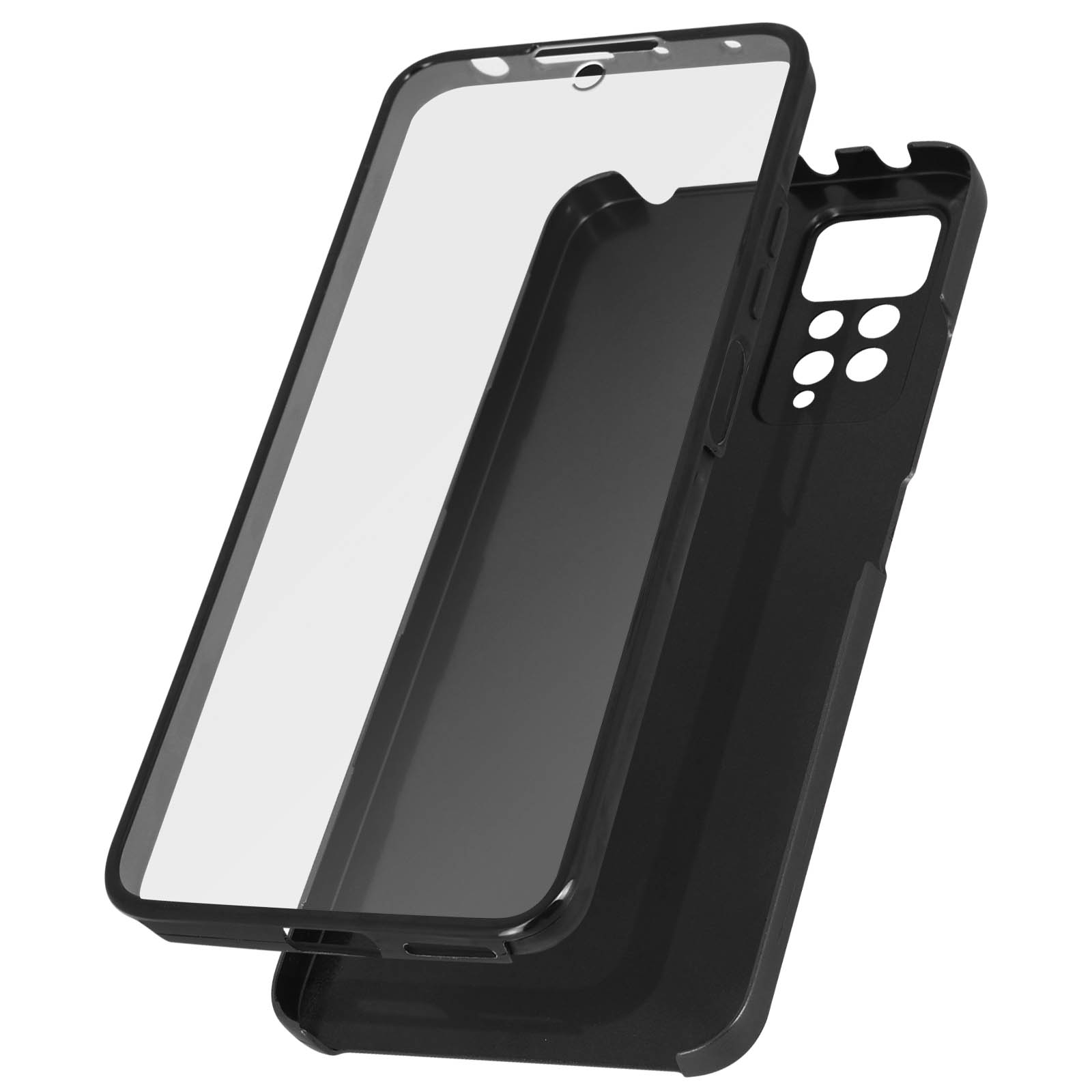 Zwarte telefoonhoes en schermbeschermer geïsoleerd op wit. Hoes heeft een transparant frame. Beschermer is ook transparant.