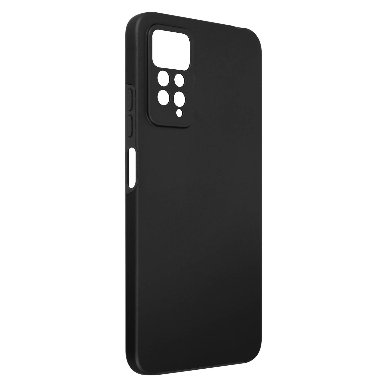 Coque de téléphone noire avec découpes pour caméra et trous pour boutons, sur fond blanc.