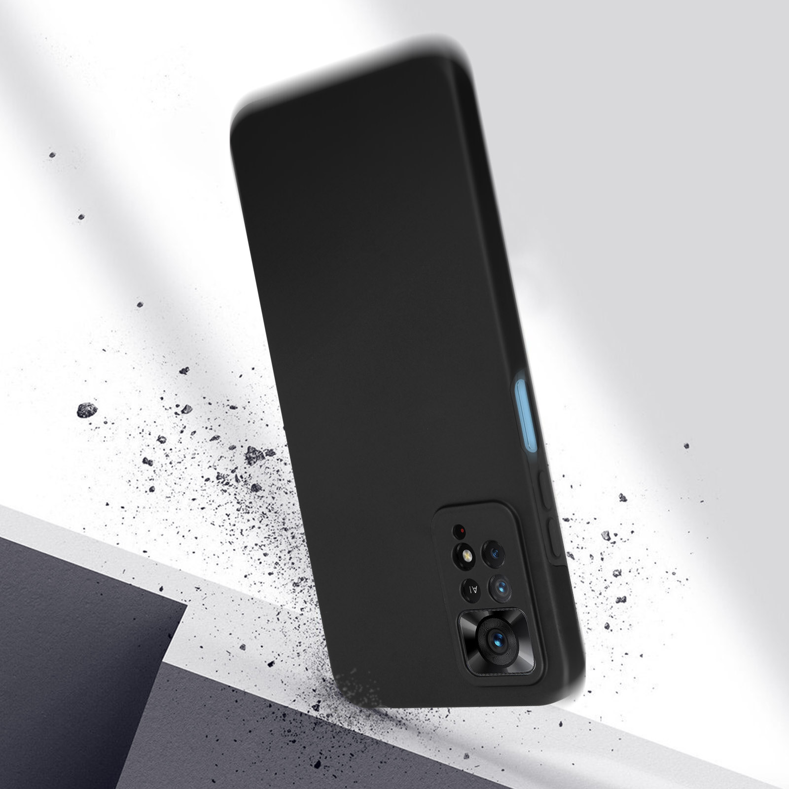 Coque de téléphone noire qui tombe. Coque noire, fond blanc et gris avec de petites pierres.