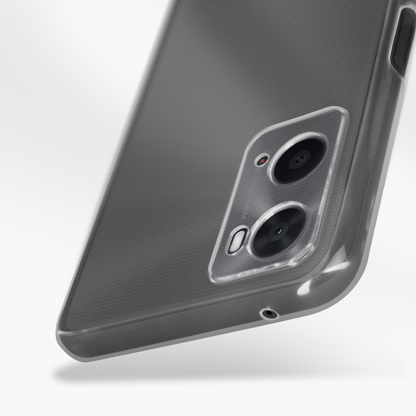 Primo piano di una custodia per telefono con ritagli per fotocamera. La custodia è grigia, con una trama puntinata.