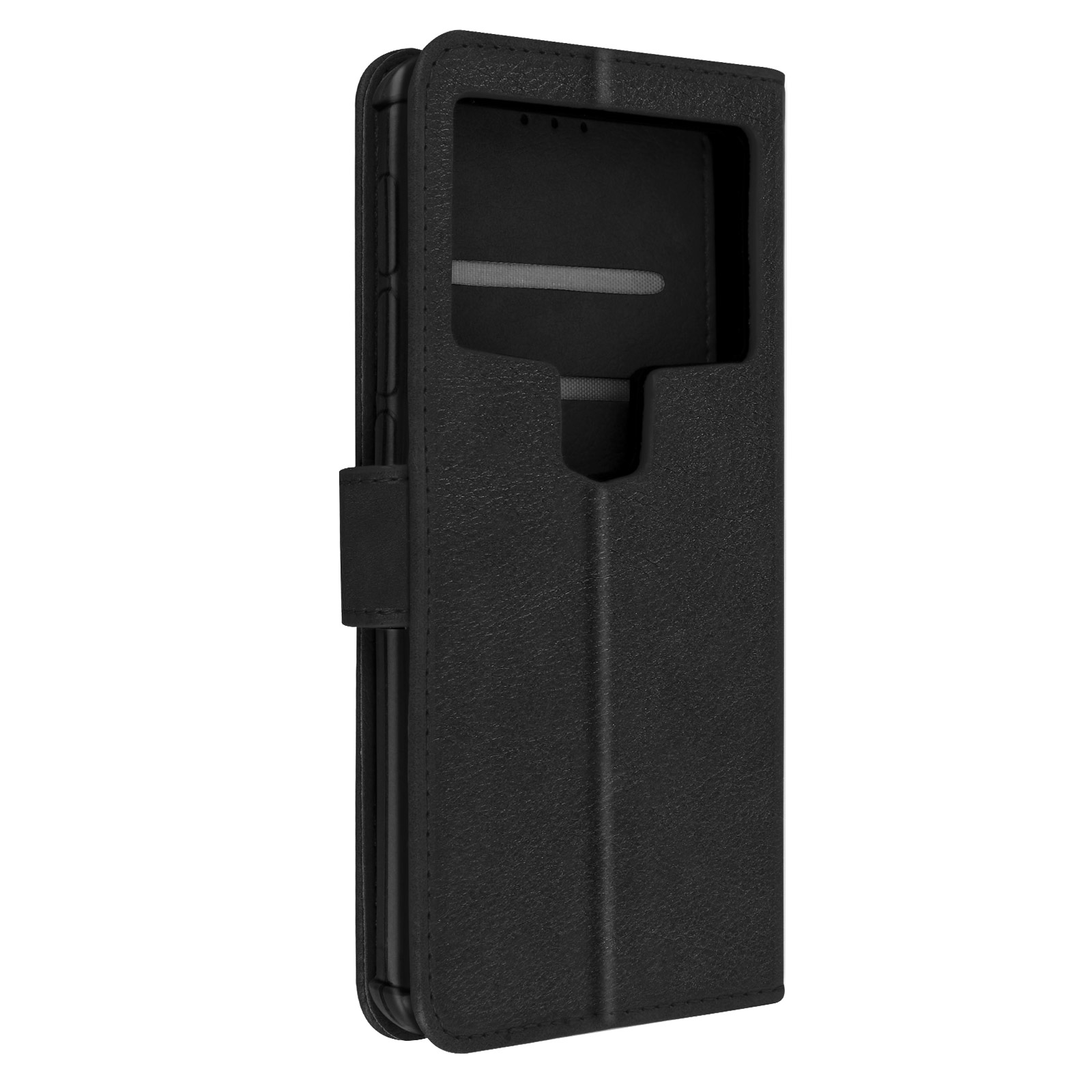Una custodia nera per smartphone con una finestra per la fotocamera, chiusa.
