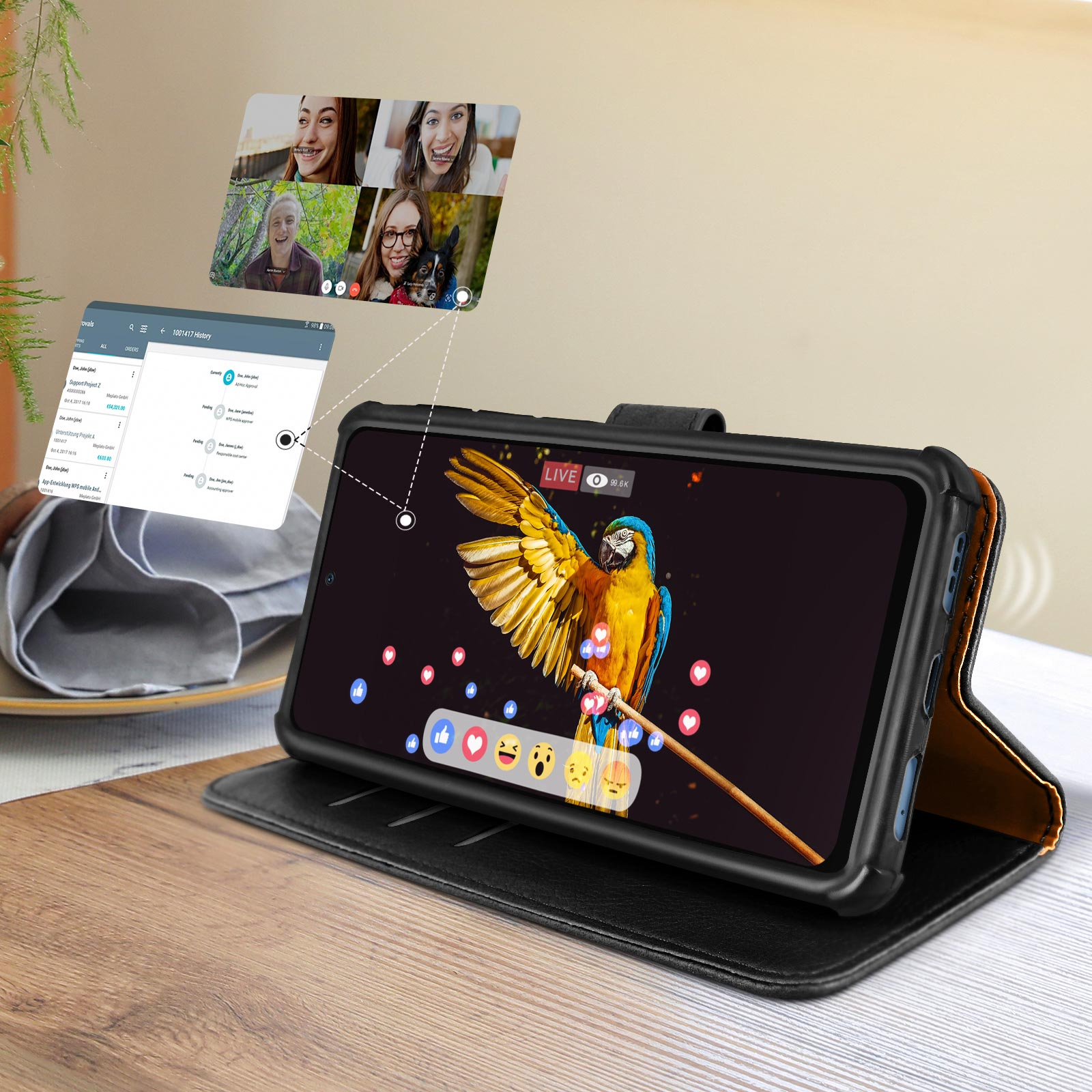 Schermo del telefono che mostra una videochiamata in diretta con più volti e un live streaming.