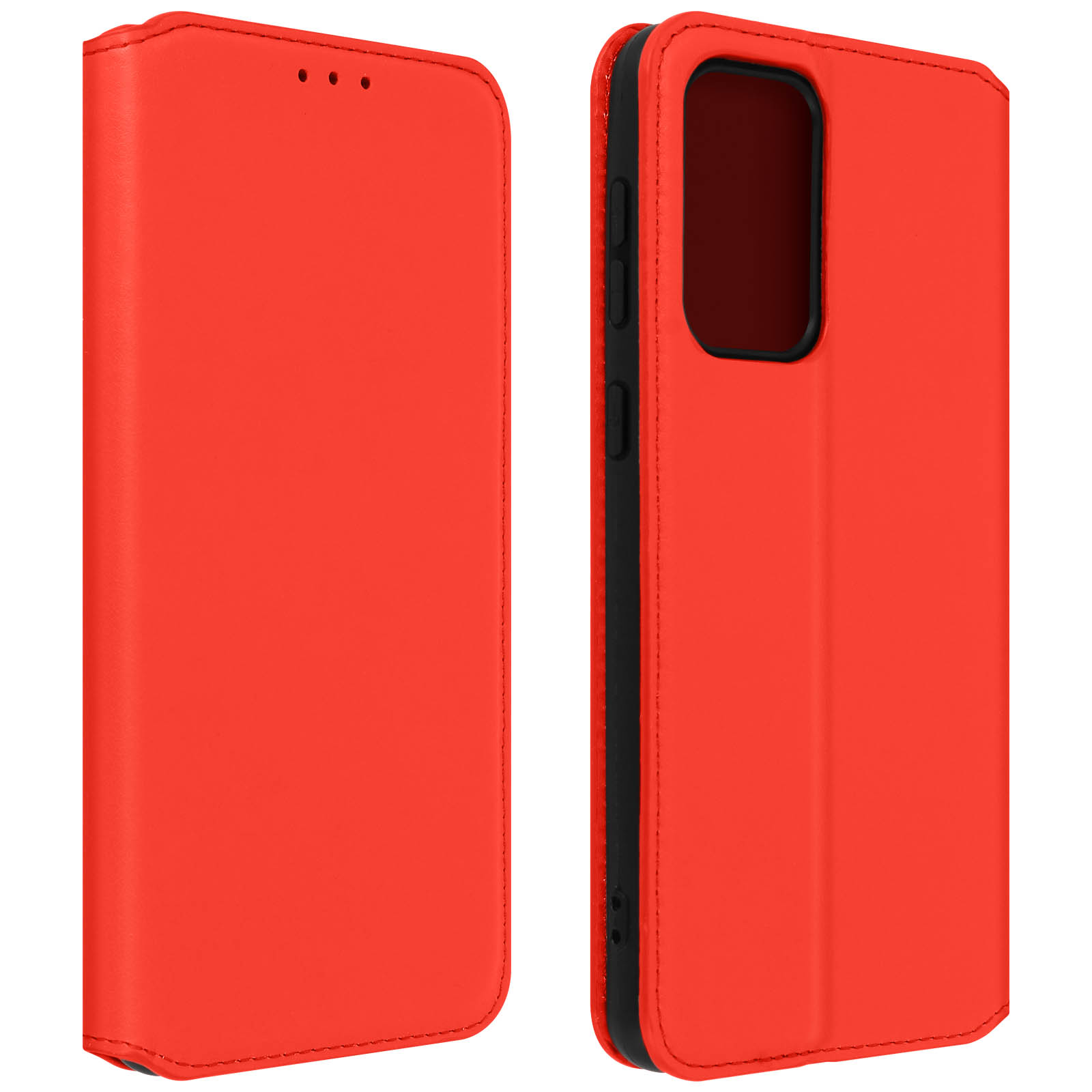 Coque de téléphone rouge vif. Deux moitiés de la coque sont ouvertes. Le fond est blanc.