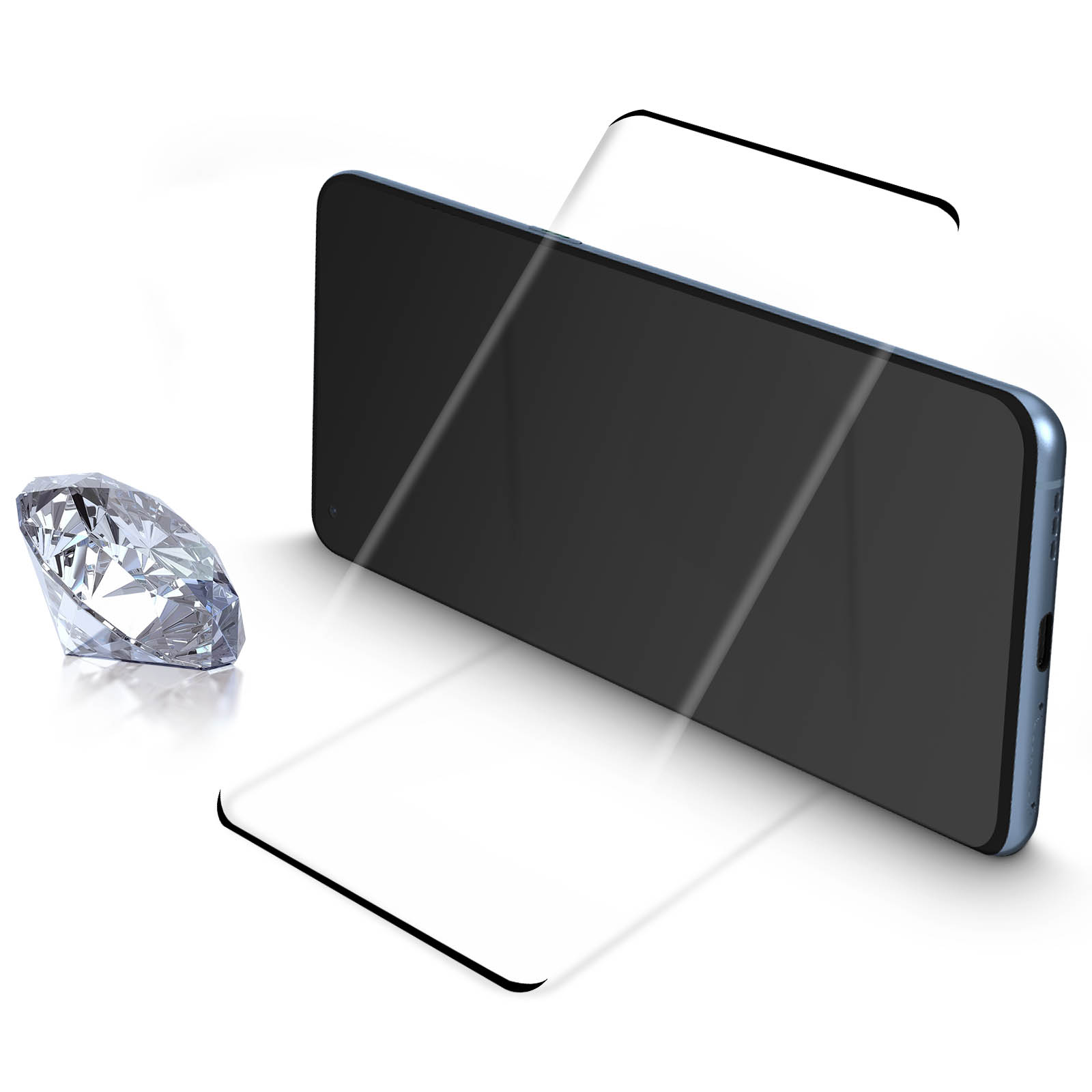Un telefono, una protezione per lo schermo e un diamante. Il telefono è nero e il diamante brilla.