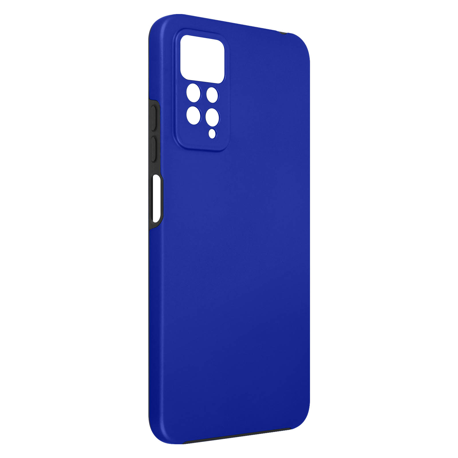 Coque de téléphone bleue vue de dos. Elle a des découpes pour la caméra et les boutons, et est bleu uni.