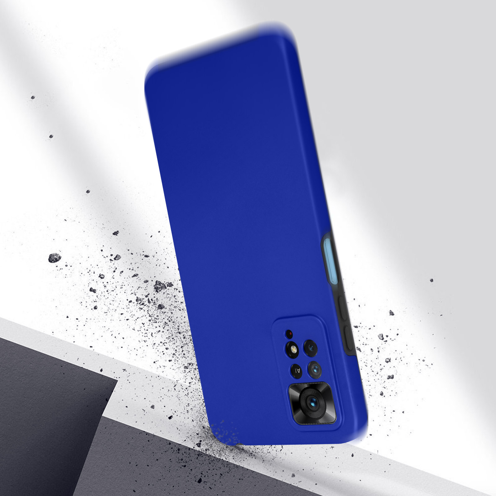 Coque de téléphone bleue tombant avec des débris épars, mettant en évidence la protection contre les chocs.
