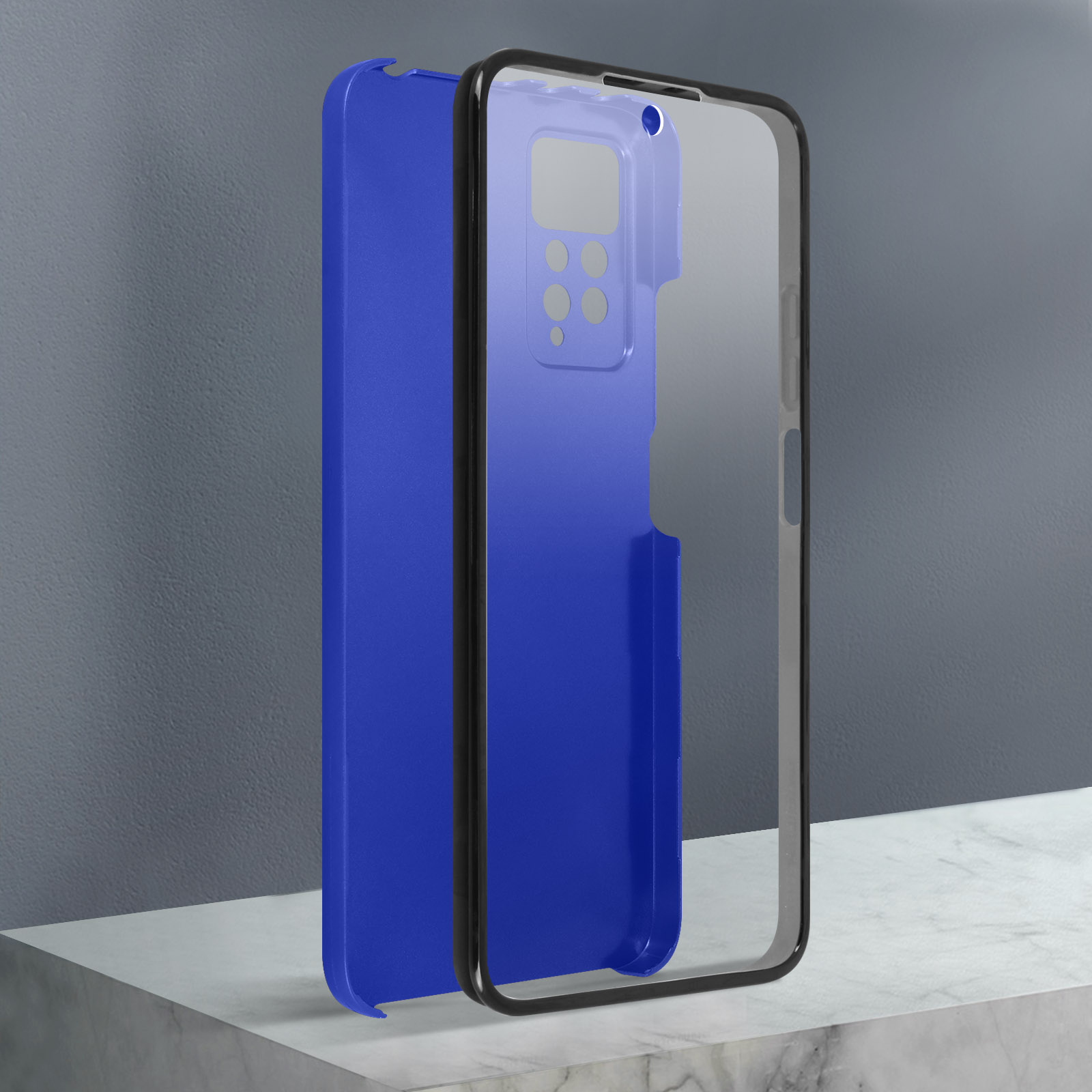 Coque de téléphone bleue partiellement ouverte, révélant un téléphone. La coque a un cadre extérieur transparent.