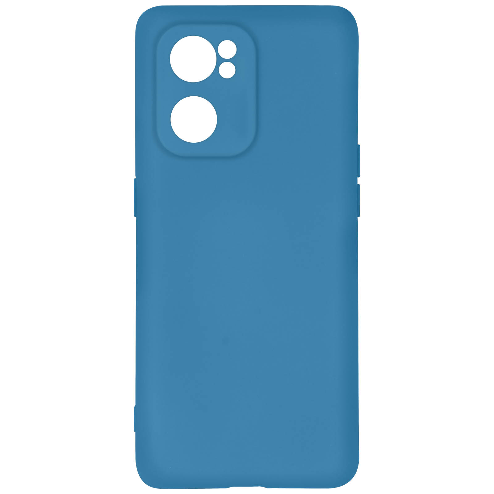 Custodia per telefono blu con fori per la fotocamera. La custodia è liscia e copre il retro.