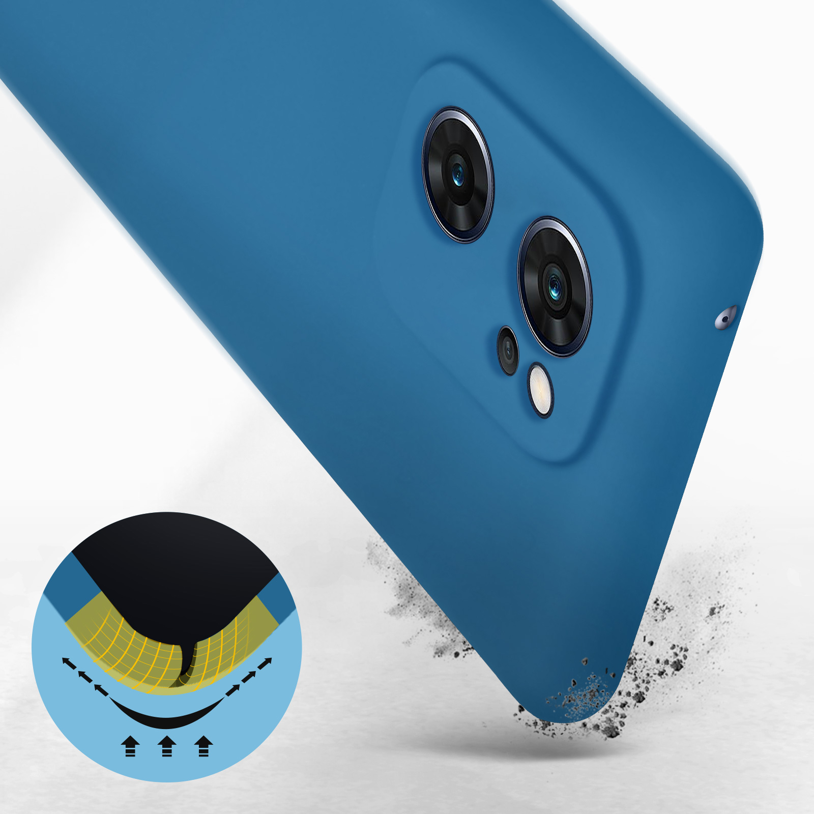 Una custodia blu con una fotocamera e un grafico di protezione dagli impatti.