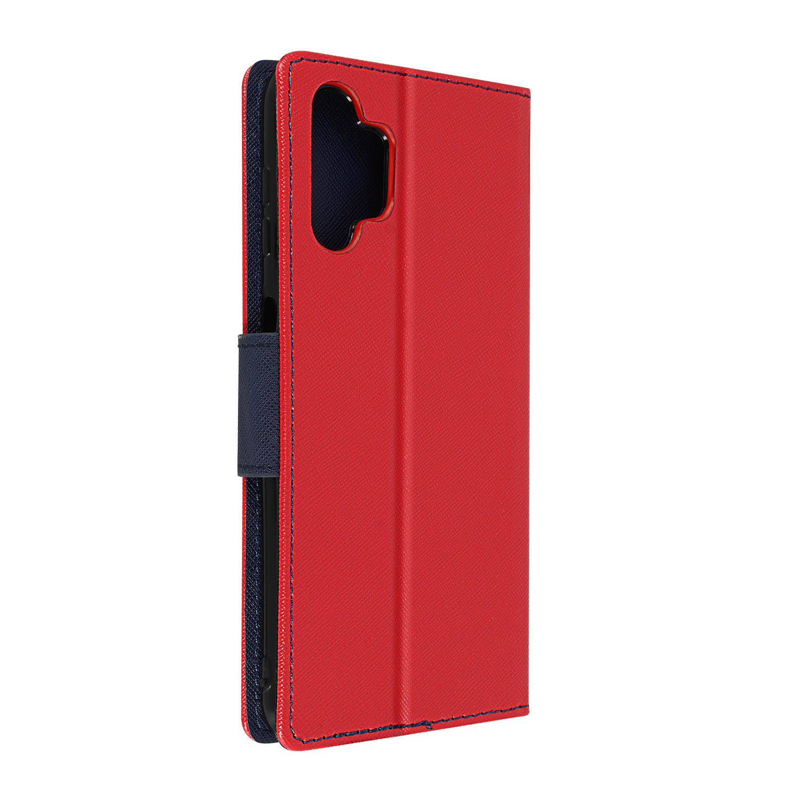 Funda de teléfono roja cerrada, mostrando el lateral. Detalle azul en la parte trasera.