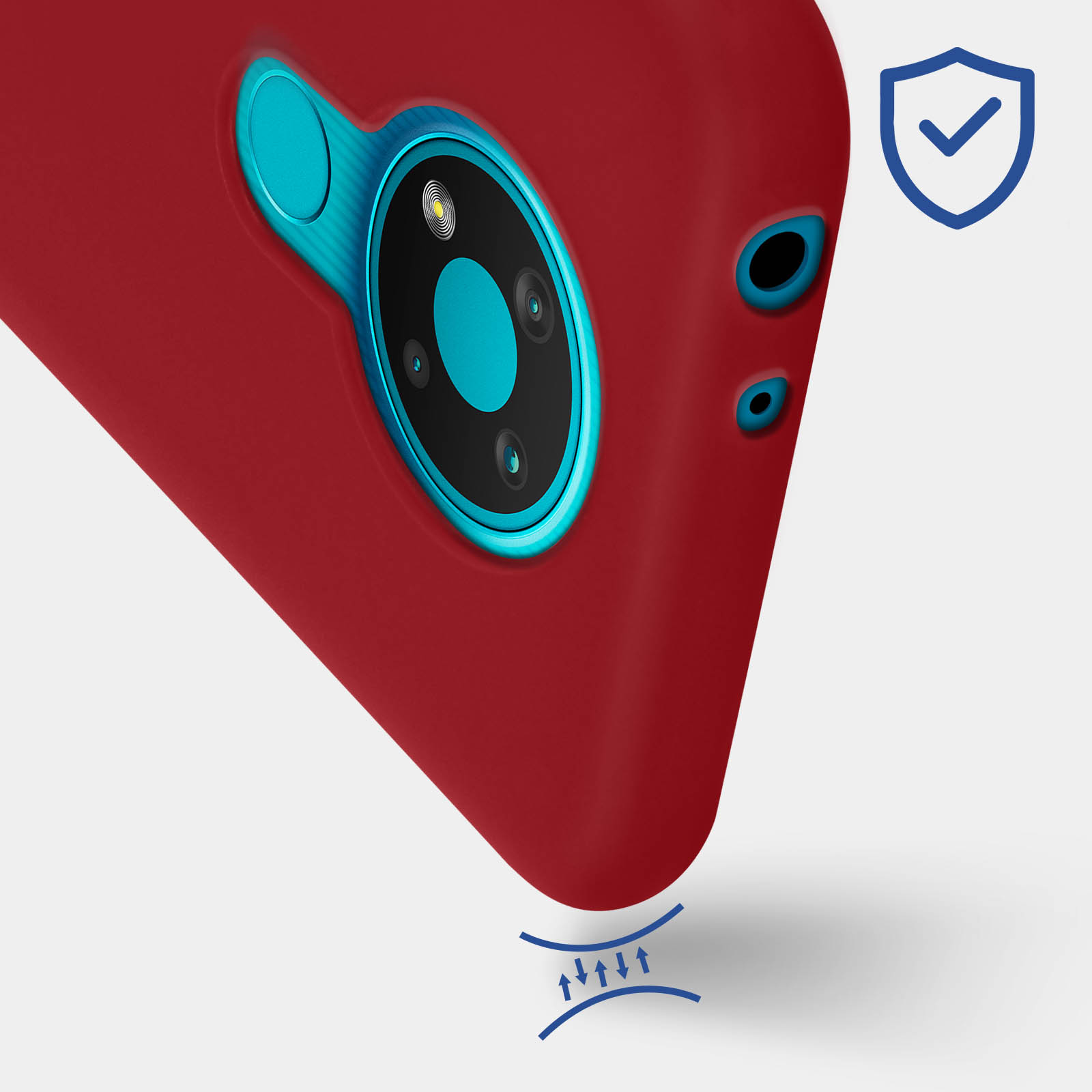 Custodia per telefono rossa con un ritaglio per la fotocamera. Icona di protezione nell'angolo in alto a destra.