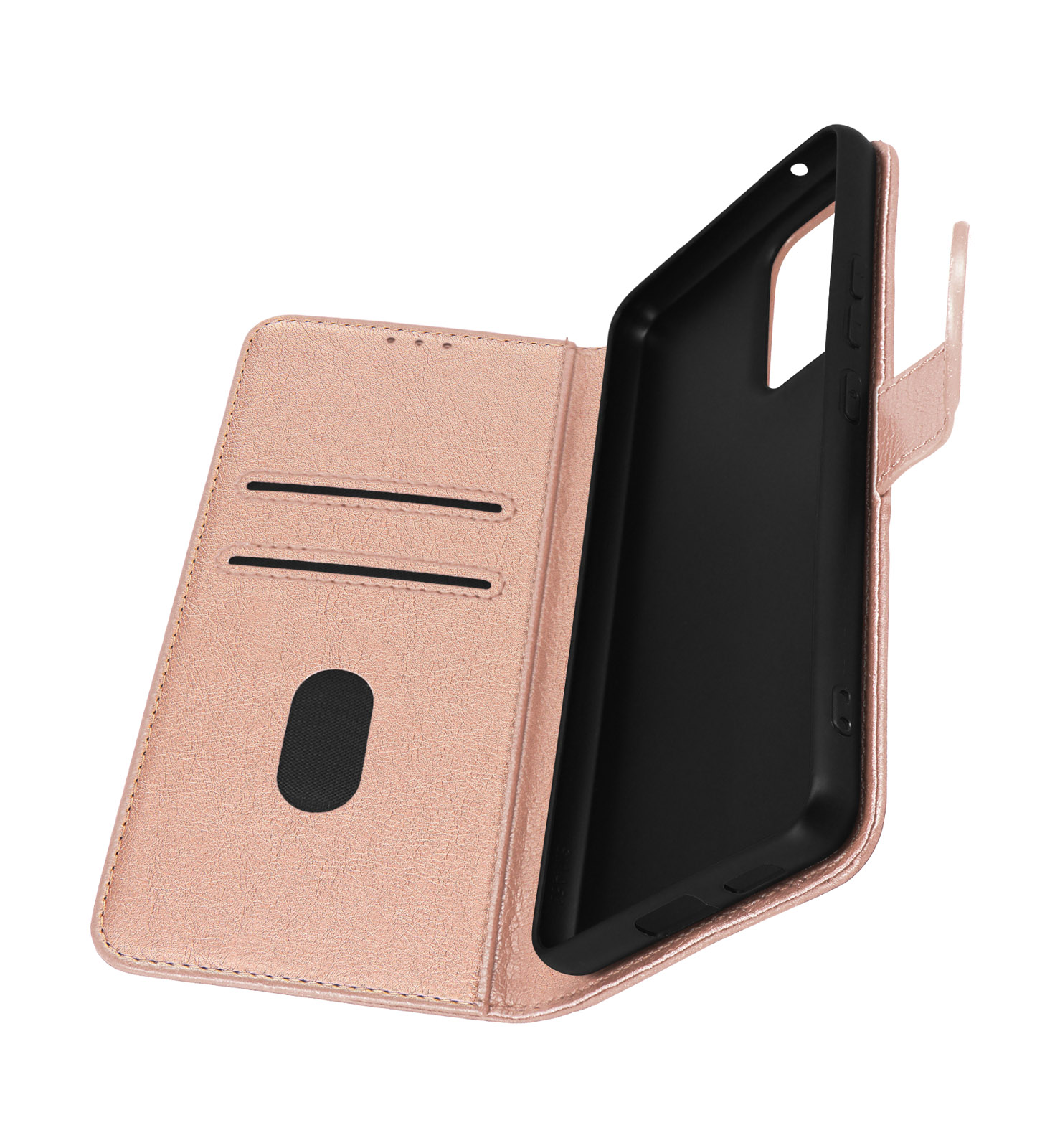 Roségouden telefoonhoes in portemonneestijl. Open, met telefoon erin. Witte achtergrond.