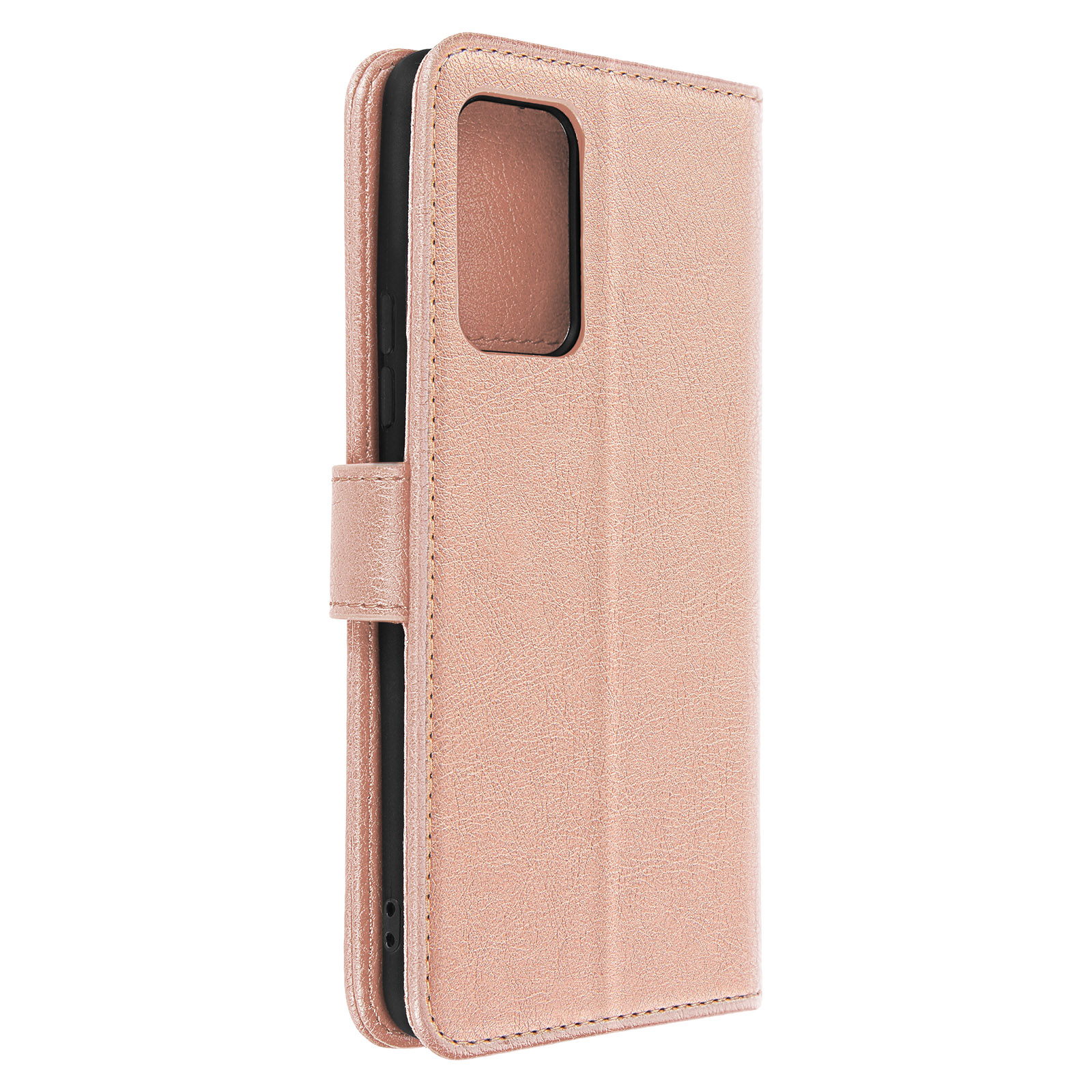 Een roze telefoonhoes die gesloten en getextureerd is. Het heeft een magnetische sluiting.